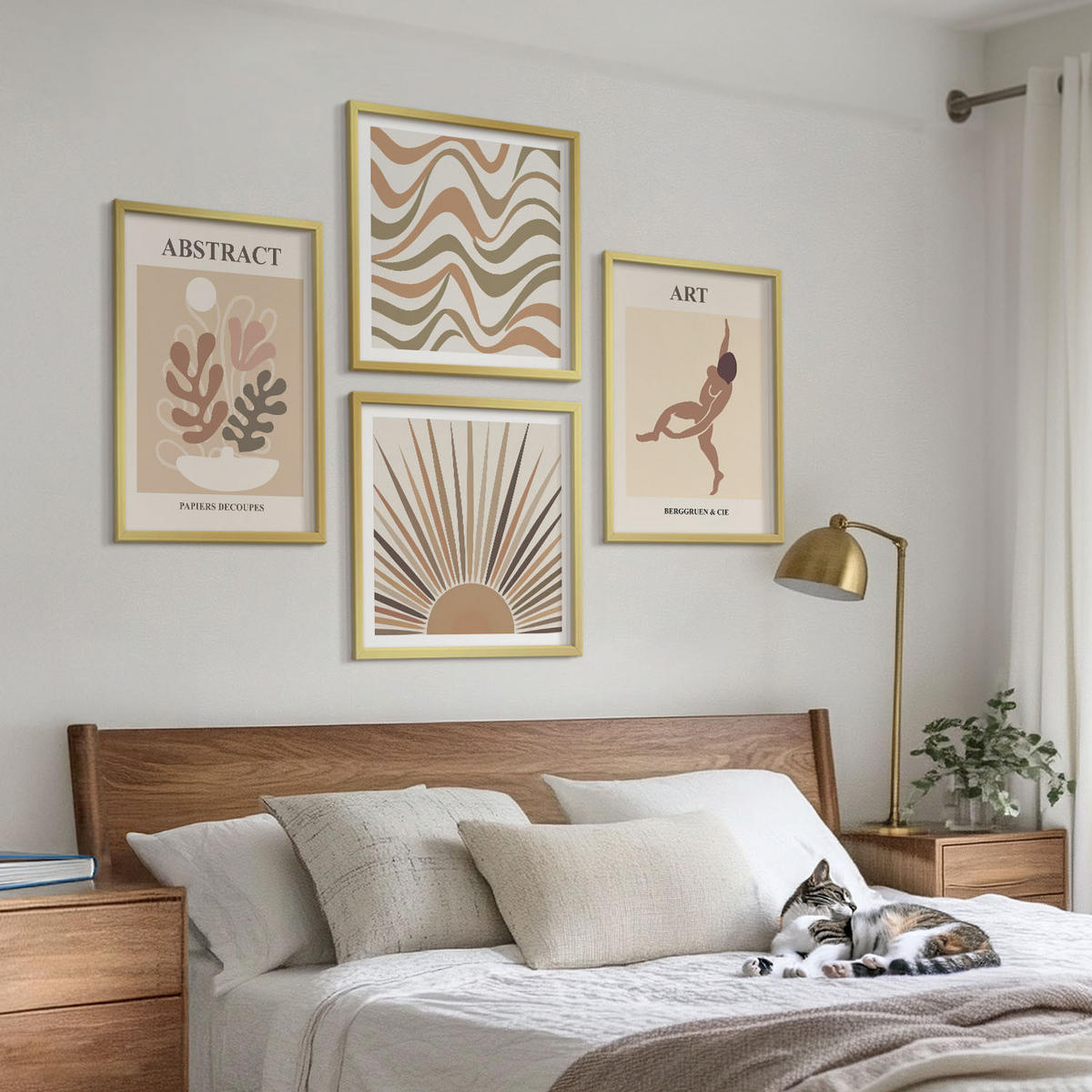 BILDER SET 4er Set - 50x50 cm & 40x60 cm Goldrahmen - Matisse Boho abstrakte Muster - Goldfarben, Kunststoff (50/50cm) - TULUP