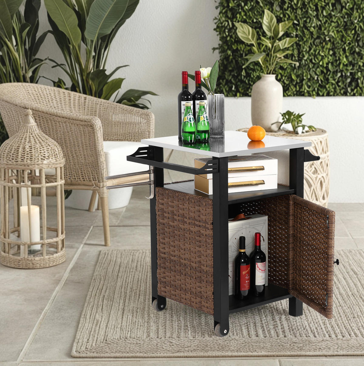 KÜCHENINSEL 76/57/85 cm aus Stahl und Polyrattan mit Edelstahl-Arbeitsplatte Braun - Braun, Metall (57/85/76cm) - Modenvie