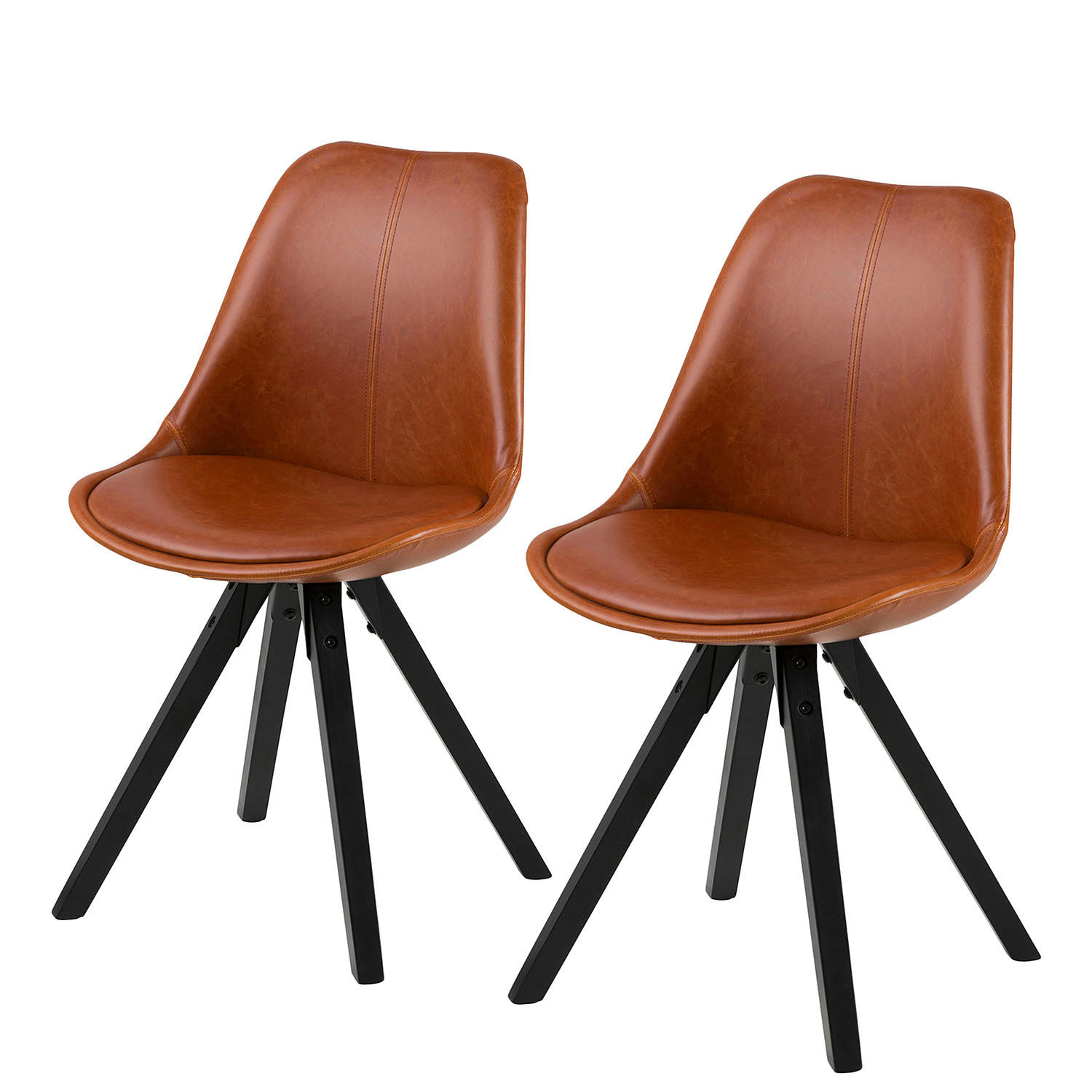 POLSTERSTUHL-SET - Kunstleder / Gummibaum massiv - Cognac / Schwarz - Schwarz/Braun, Holz/Kunststoff (49/85/1cm) - home24