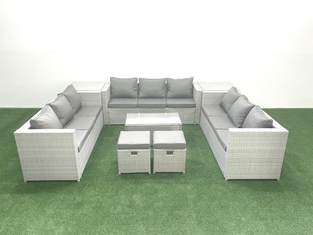 GARTENSET mit 3-SITZER SOFA,COUCHTISCH Polyrattan Hellgrau-Mix 11-Sitzer - Hellgrau/Grau, Glas/Kunststoff - Fimous