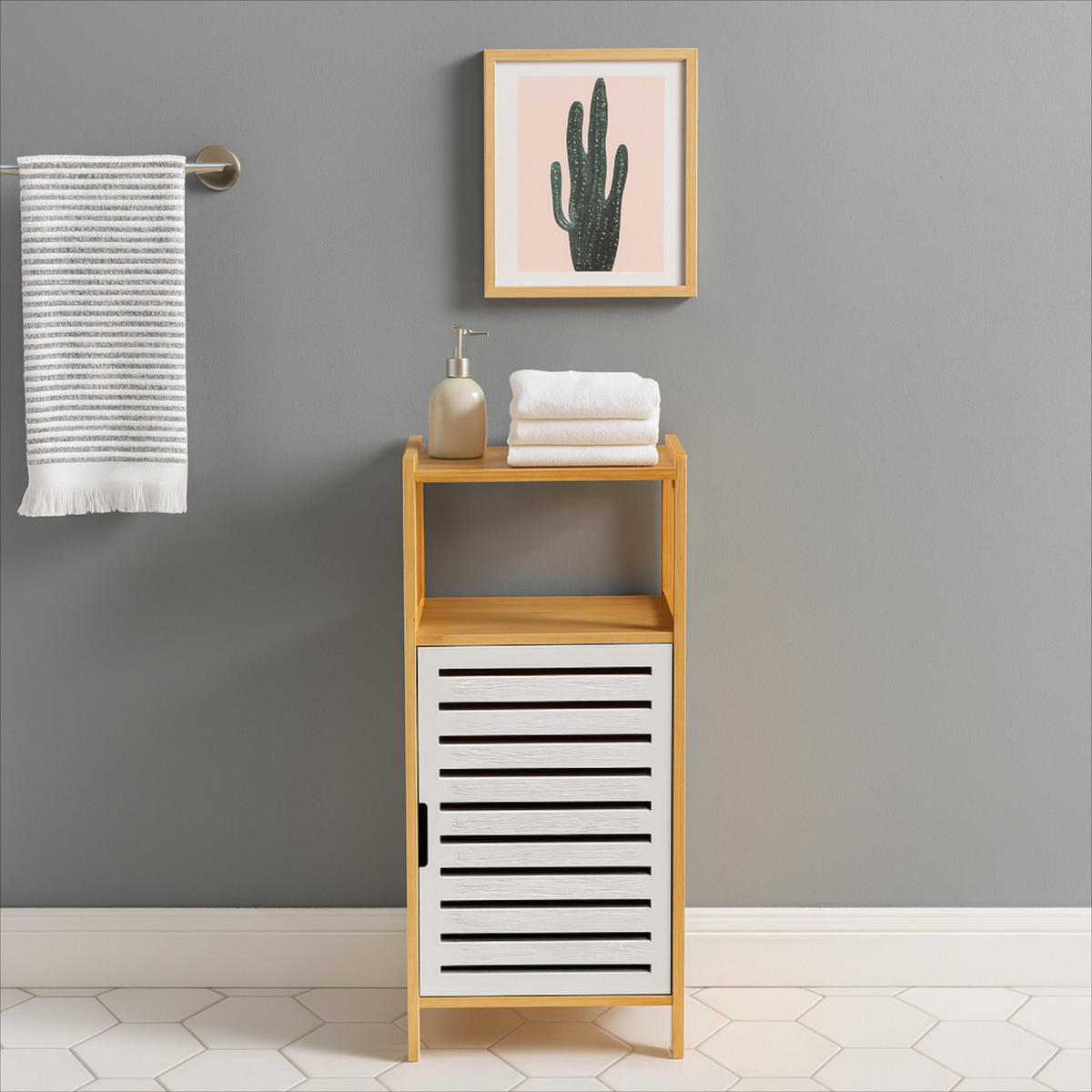 BADREGAL Bambus Weiß Naturfarben Schrank 89x30x30 cm - Naturfarben/Weiß, Holz (30/89/30cm) - Begryf