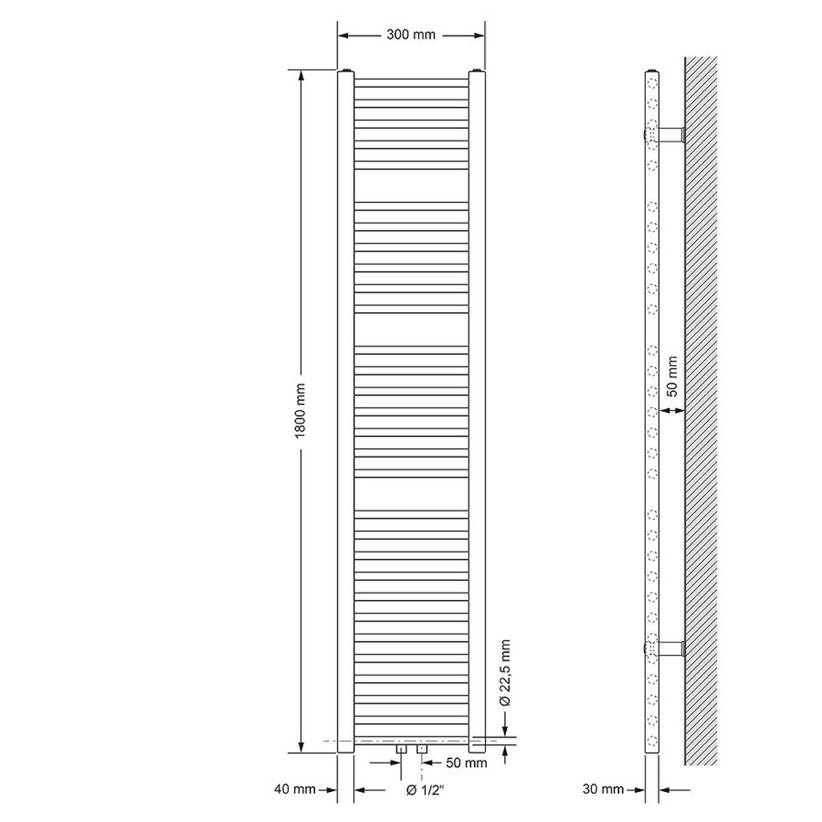 KOUPELNOVÝ radiátor Sahara 300 x 1800 mm, bílý, rovný, s centrálním připojením - bílá, kov (30/180/3cm) - LuxeBath