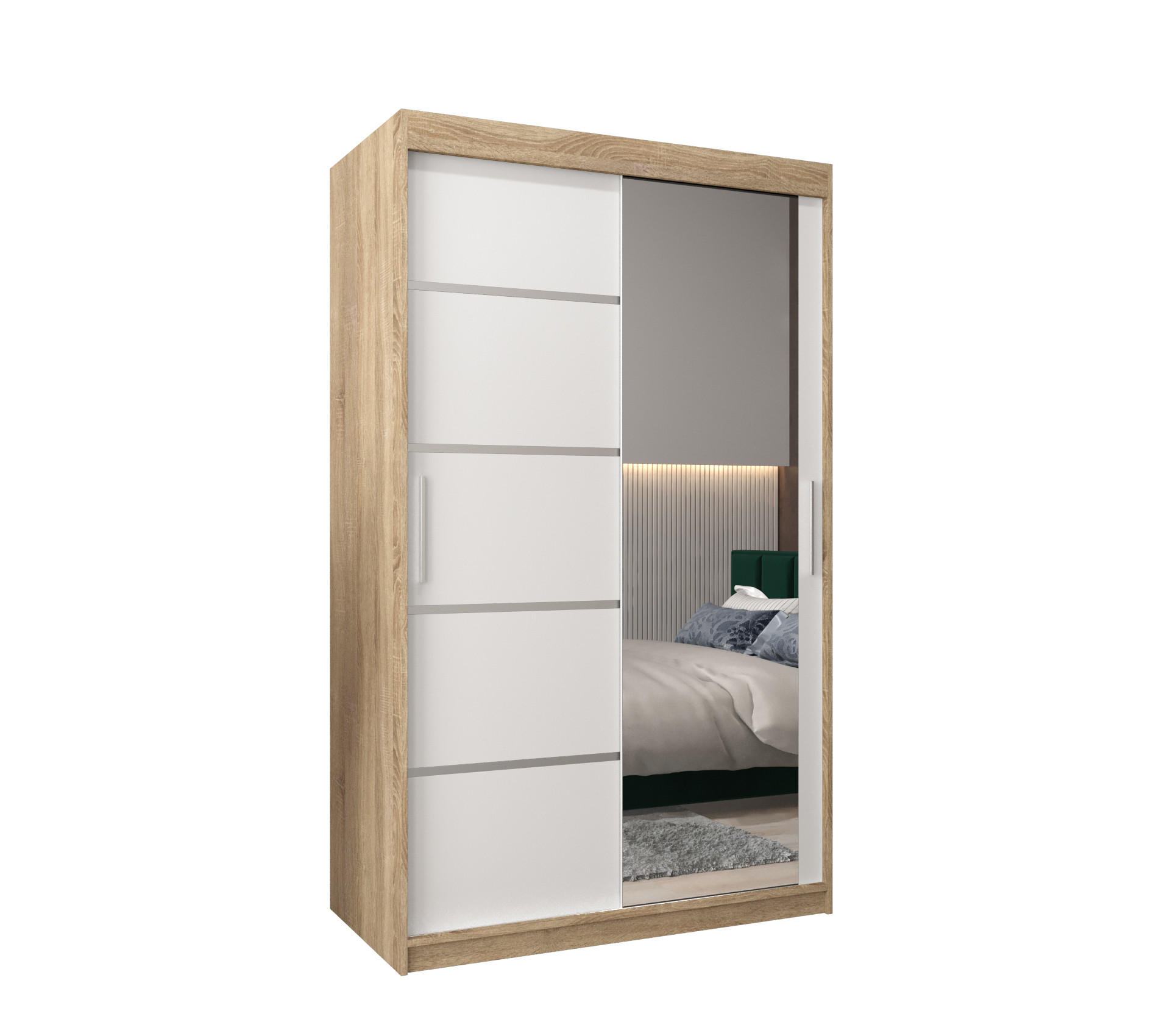 Abiks Möbel Schwebetürenschrank Sonoma Eiche, Weiß, Silber 120x200x62 cm