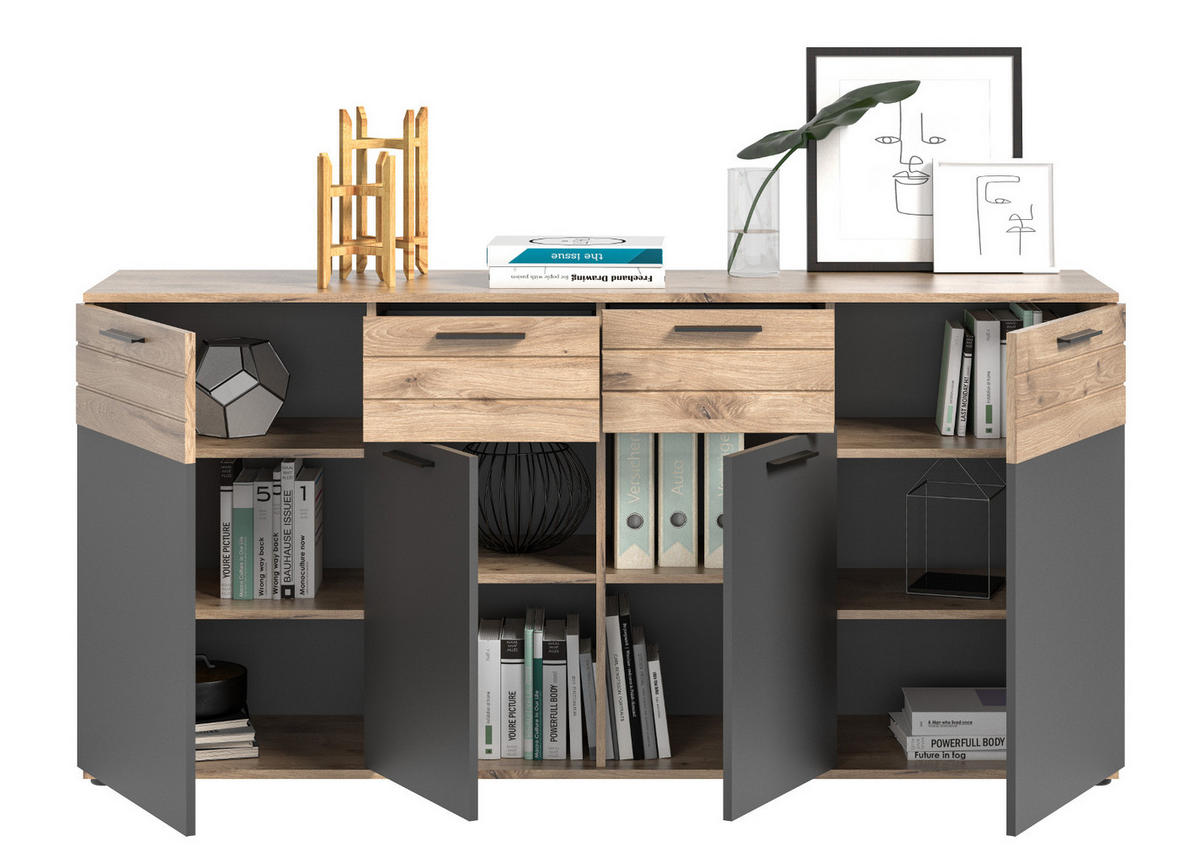 SIDEBOARD Eiche, grau 180 cm, Kommode mit Soft-Close, Wohn- und Esszimmermöbel - Eichefarben/Schwarz, Holzwerkstoff/Kunststoff (180/87/40cm) - Inn.Furn