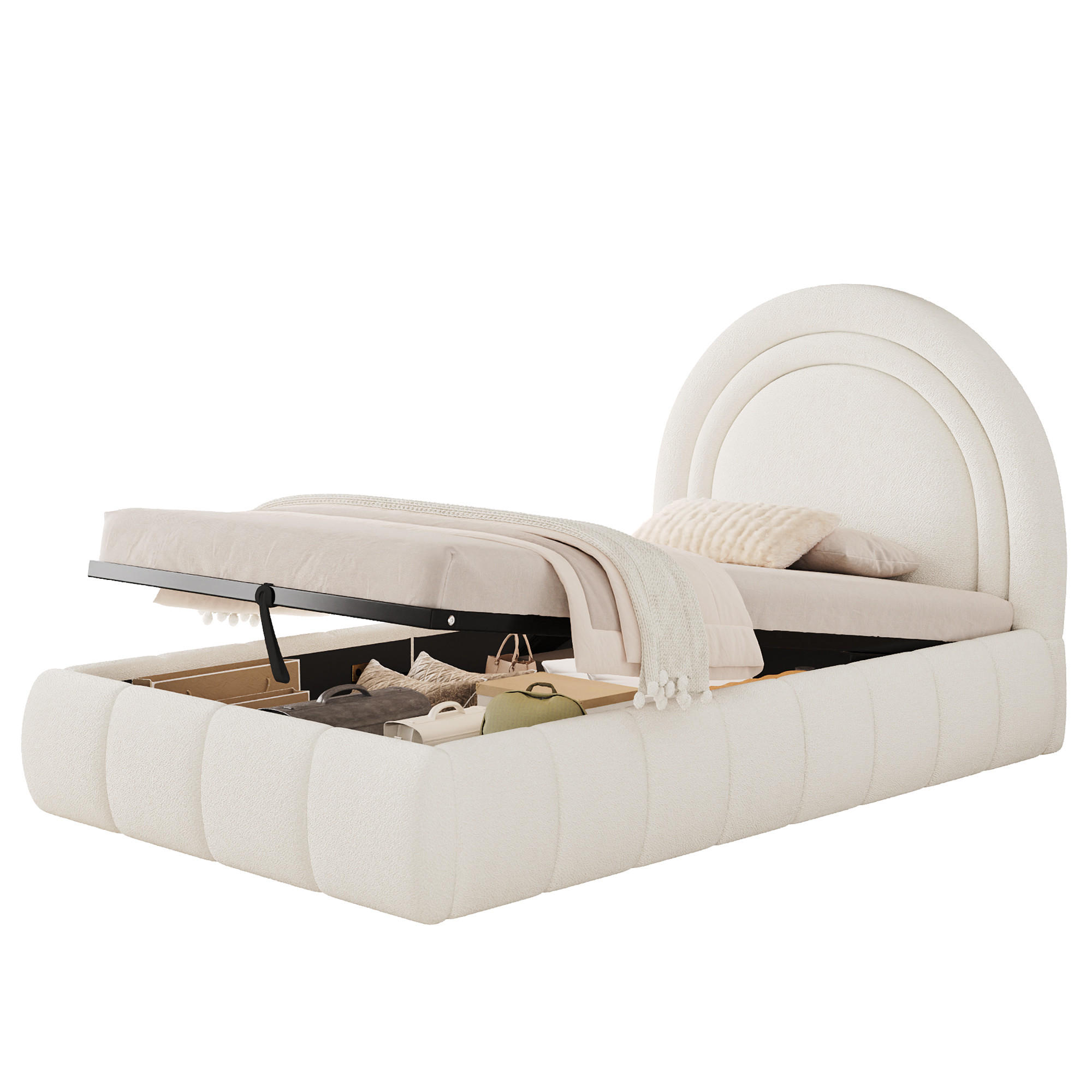 KINDERBETT Beige Bouclé 90x200 Hydraulik Stauraum Lattenrost - Beige, Leder (90/200cm) - FLIEKS