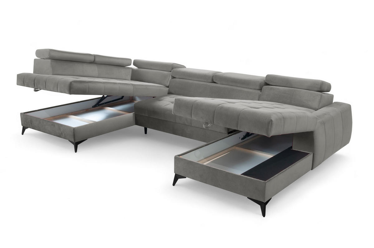 WOHNLANDSCHAFT Arkucio U Grau 345/200/95 cm – großes Sofa mit Schlaffunktion R - Schwarz/Grau, Textil/Metall (345/95/200cm) - AX Living