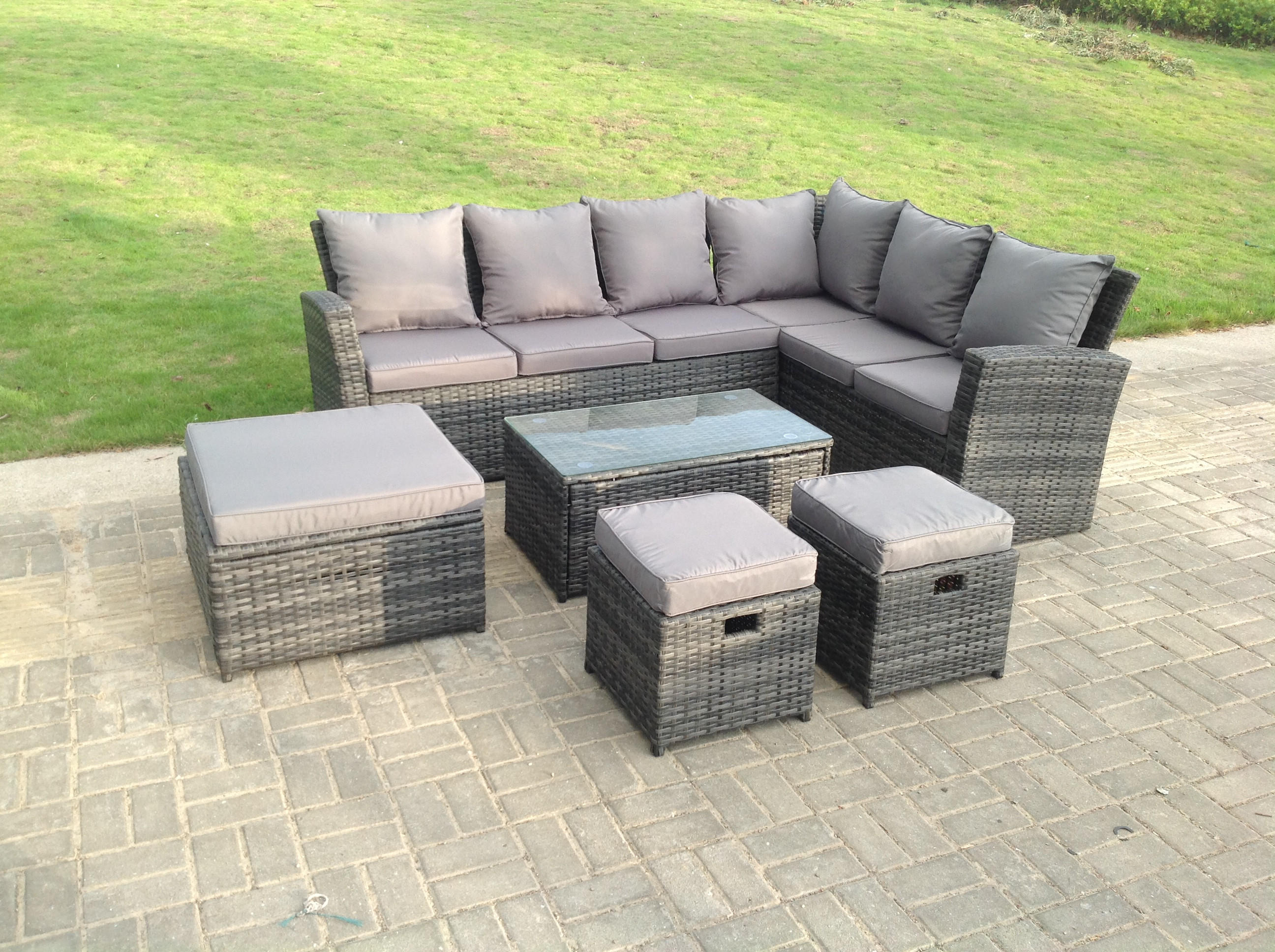 GARTENTISCHGRUPPE Polyrattan 9-Sitzer - Dunkelgrau/Grau, Glas/Kunststoff - Fimous