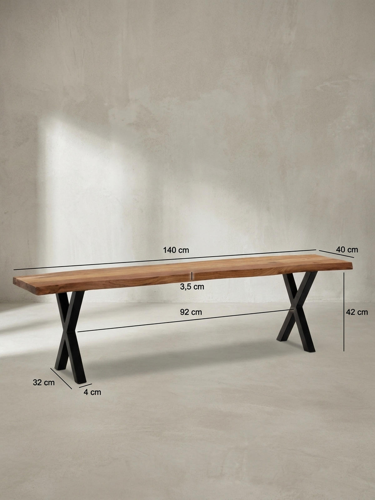 ESSZIMMERBANK Massivholz Metall Baumkante X-Beine, Akazie 140x40x46 cm - Schwarz/Braun, Holz/Metall (140/46/40cm) - KADIMA DESIGN