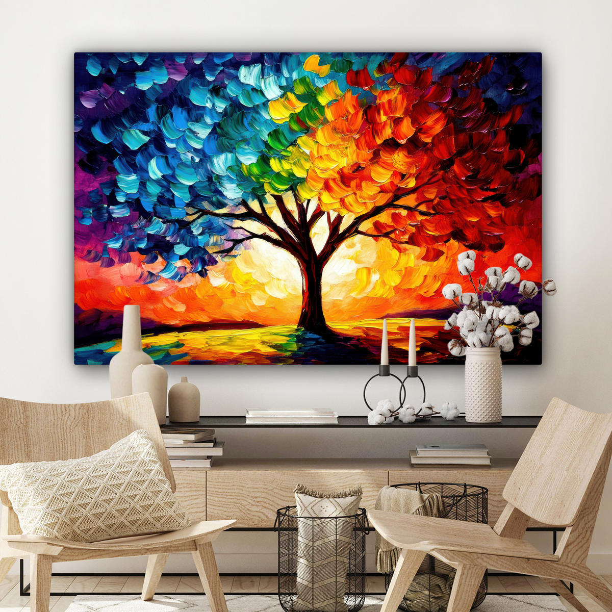LEINWANDBILD - Baum - Kunst - Natur - Sonnenuntergang - 120x80 - Kunstdruck - Multicolor, Textil (120/80cm) - MuchoWow