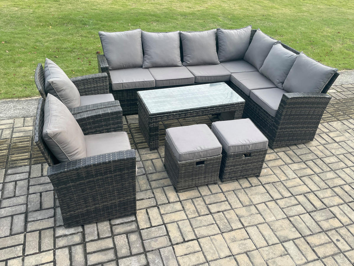 LOUNGEGARNITUR mit Couchtisch Sofa,2 Hocker Polyrattan Dunkelgrau 10-Sitzer - Dunkelgrau/Grau, Glas/Kunststoff - Fimous
