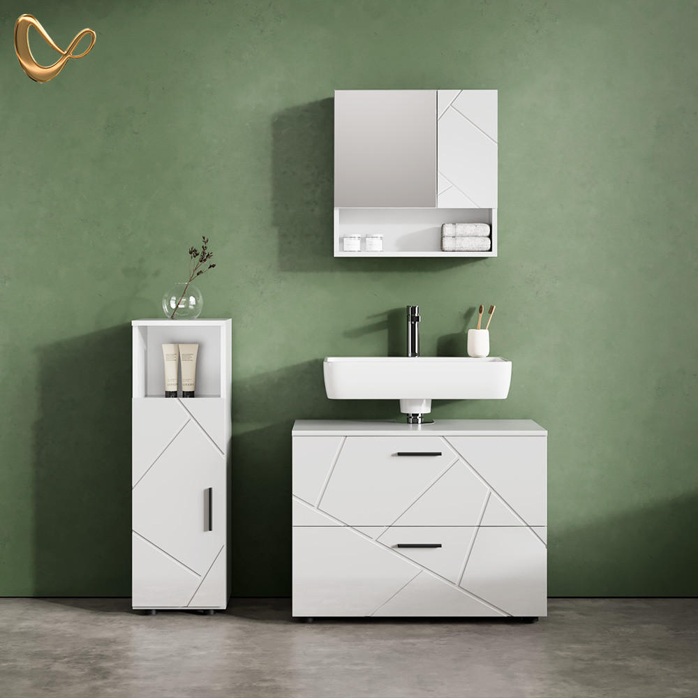 BADMÖBEL-SET Ronco Weiß Hochglanz 3 Teile, mit Midischrank - Weiß Hochglanz/Weiß, Holzwerkstoff (54/55/41cm) - Livinity®