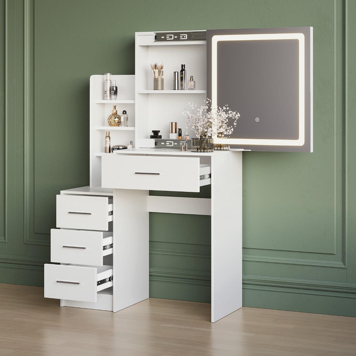 SCHMINKTISCH Monza Weiß 80 cm mit LED-Spiegel - Weiß, Holzwerkstoff (80/131.6/36cm) - Livinity®