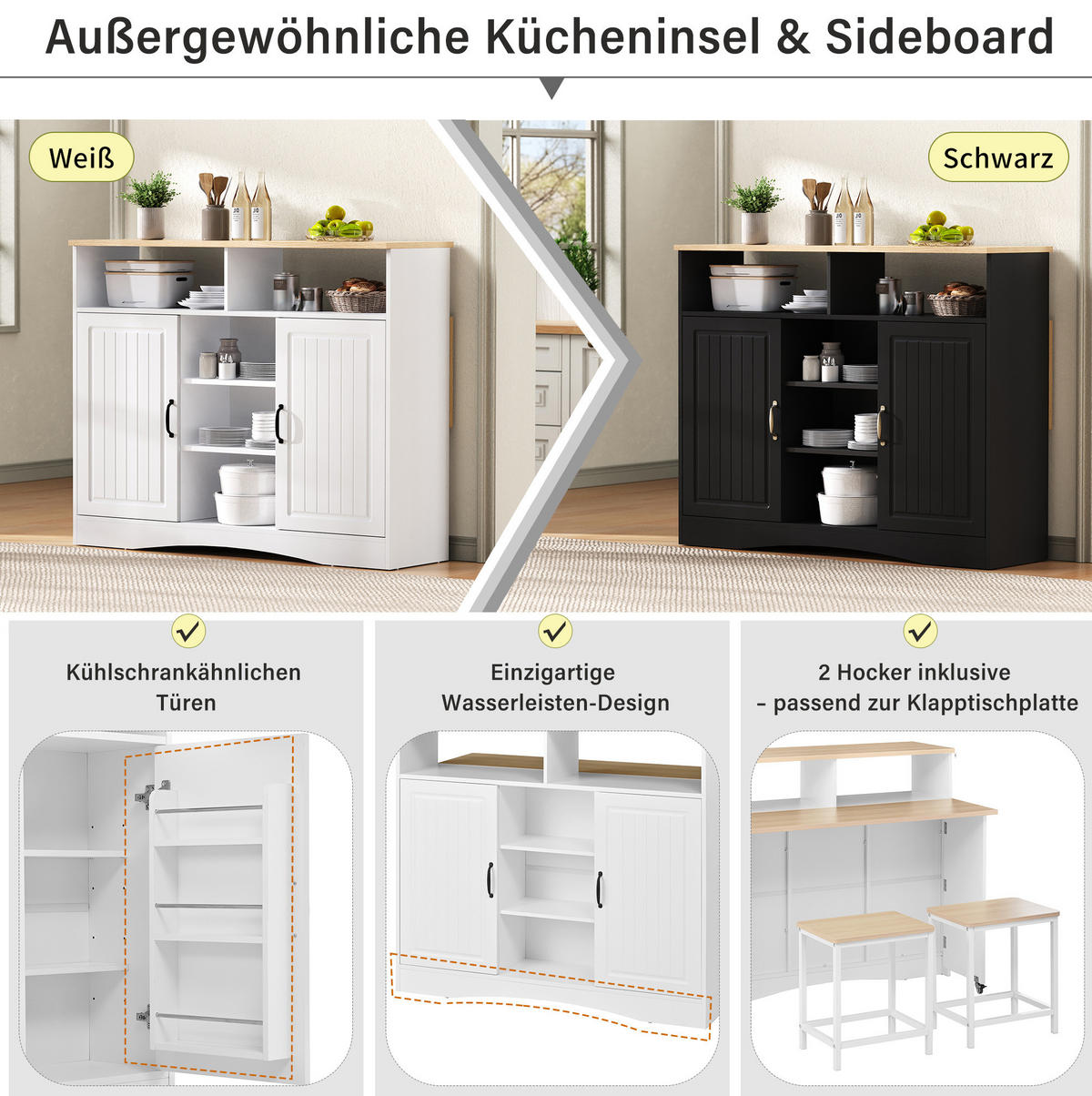 KÜCHENINSEL 110/34-68/97,5 cm in Weiß mit klappbarer Arbeitsplatte und 2 Hockern - Weiß, Holzwerkstoff (110/97.5/68cm) - Flora Grace