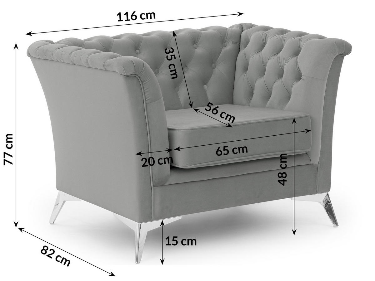 CHESTERFIELD-SESSEL Whitby Grau Samt mit silbernen Füßen - Silberfarben/Grau, Holz/Textil (116/78/82cm) - S-Style Möbel