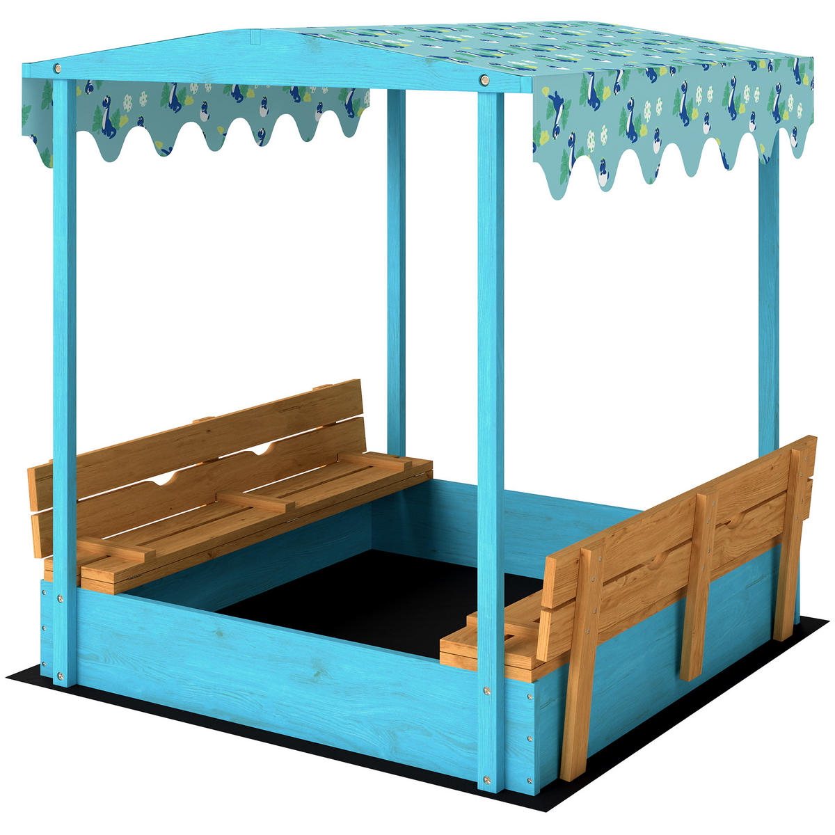 SANDKASTEN DE-18760 mit Klappbänken & Flamingo-Sonnensegel Blau - Blau, Holzwerkstoff (134.5/127.5/130cm) - ComfortXL