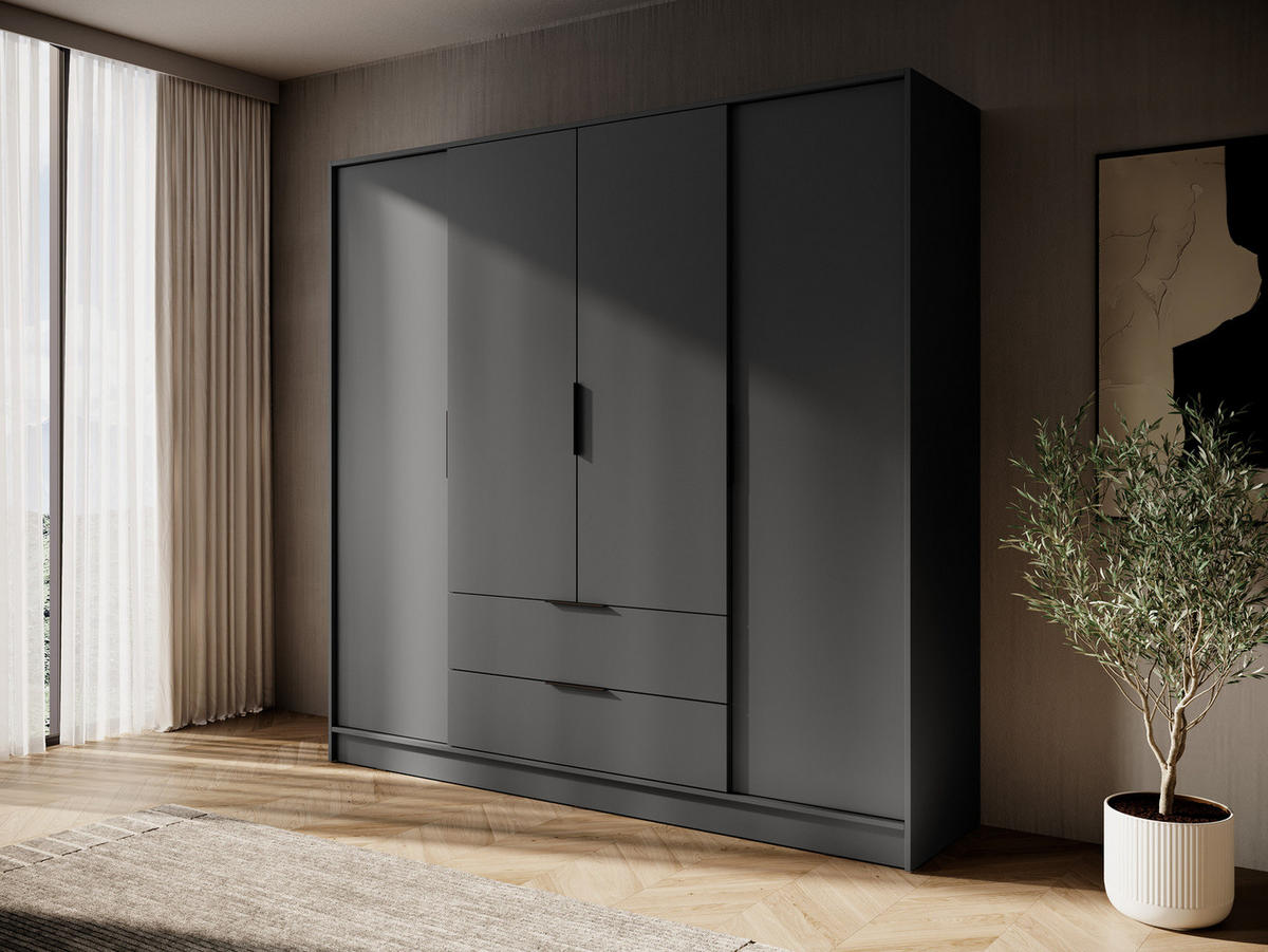 GROSSER Kleiderschrank RICADI 4D (Graphit, 4 Türen, 2 Schubladen, Kleiderstange, Kunststoffgriffe) - Schwarz/Graphitfarben, Holz/Holzwerkstoff (206/200/51cm) - Ravio