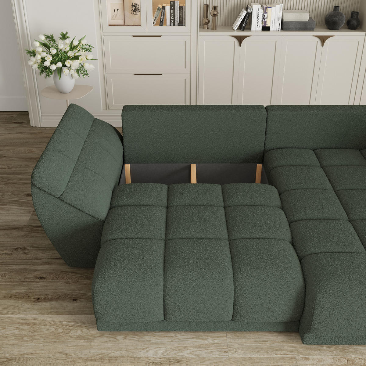ECKSOFA ORENTI R-S Grün Boucle-Stoff mit Schlaffunktion - Grün, Holz (287/182cm) - MASSENO