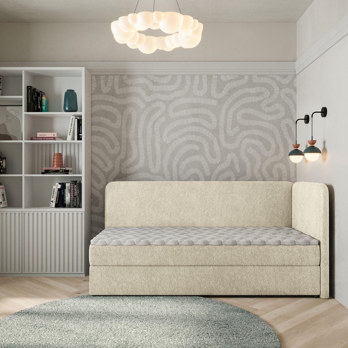 BOXBETT GINA 100x200 cm mit Matratze und Topper, H2+H3 - Creme - Creme, Holz (100/200cm) - MASSENO