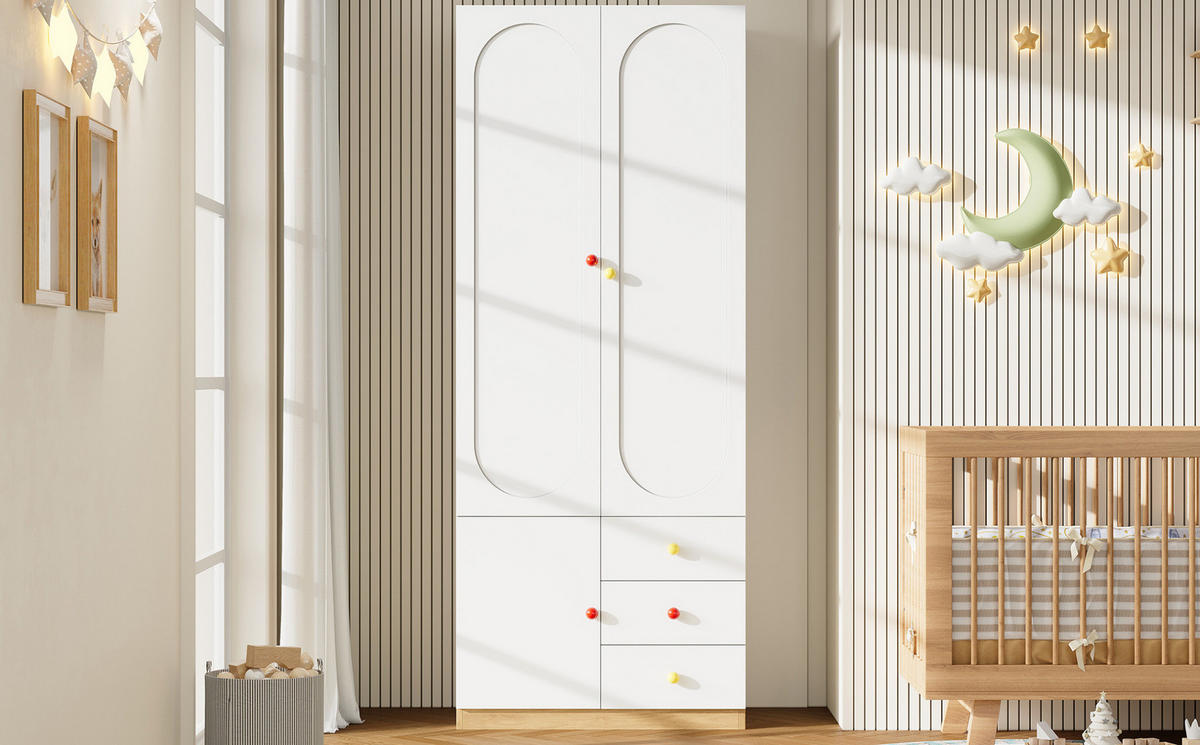 KLEIDERSCHRANK aus MDF 80x45x200 cm Weiß mit 2 Türen, 3 Schubladen, Kleiderstange und Anti-Kipp-Schutz - Weiß, Holzwerkstoff (80/200/45cm) - Modfu
