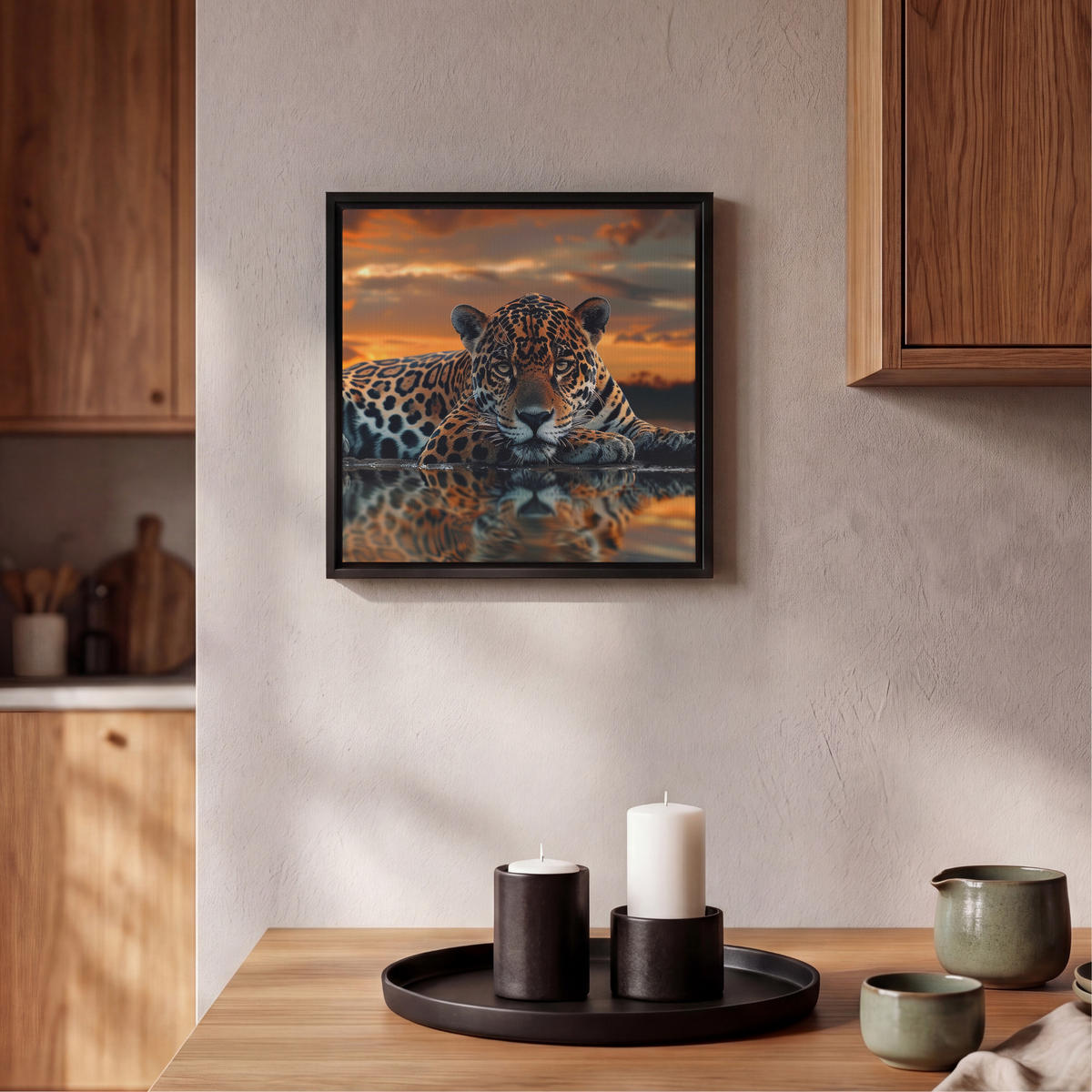 LEINWAND Bilder mit Rahmen - Natur - Leopard - Tier - Sonnenuntergang - Modern - 20x20 - Orange, Textil (20/20cm) - MuchoWow