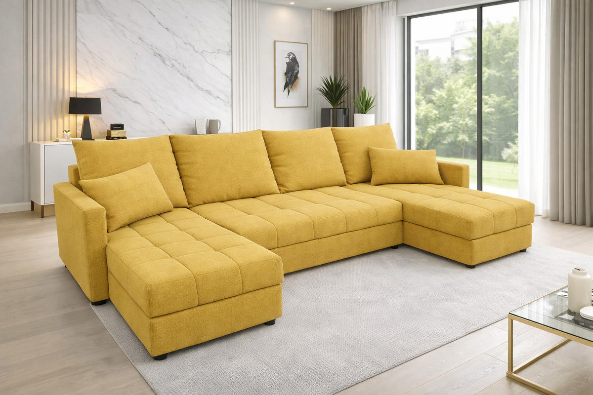 WOHNLANDSCHAFT AURELIA – Ecksofa in U-Form mit Schlaffunktion, Bettkasten & Kissen Stoff KRONOS 287 cm Gelb - Gelb, Kunststoff (287/140cm) - Wohnideebilder
