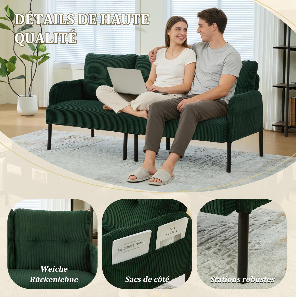 3-SITZER-SOFA 171/72/80 cm aus Cord mit Seitentasche Smaragdgrün - Smaragdgrün, Textil (72/80/171cm) - Modenvie