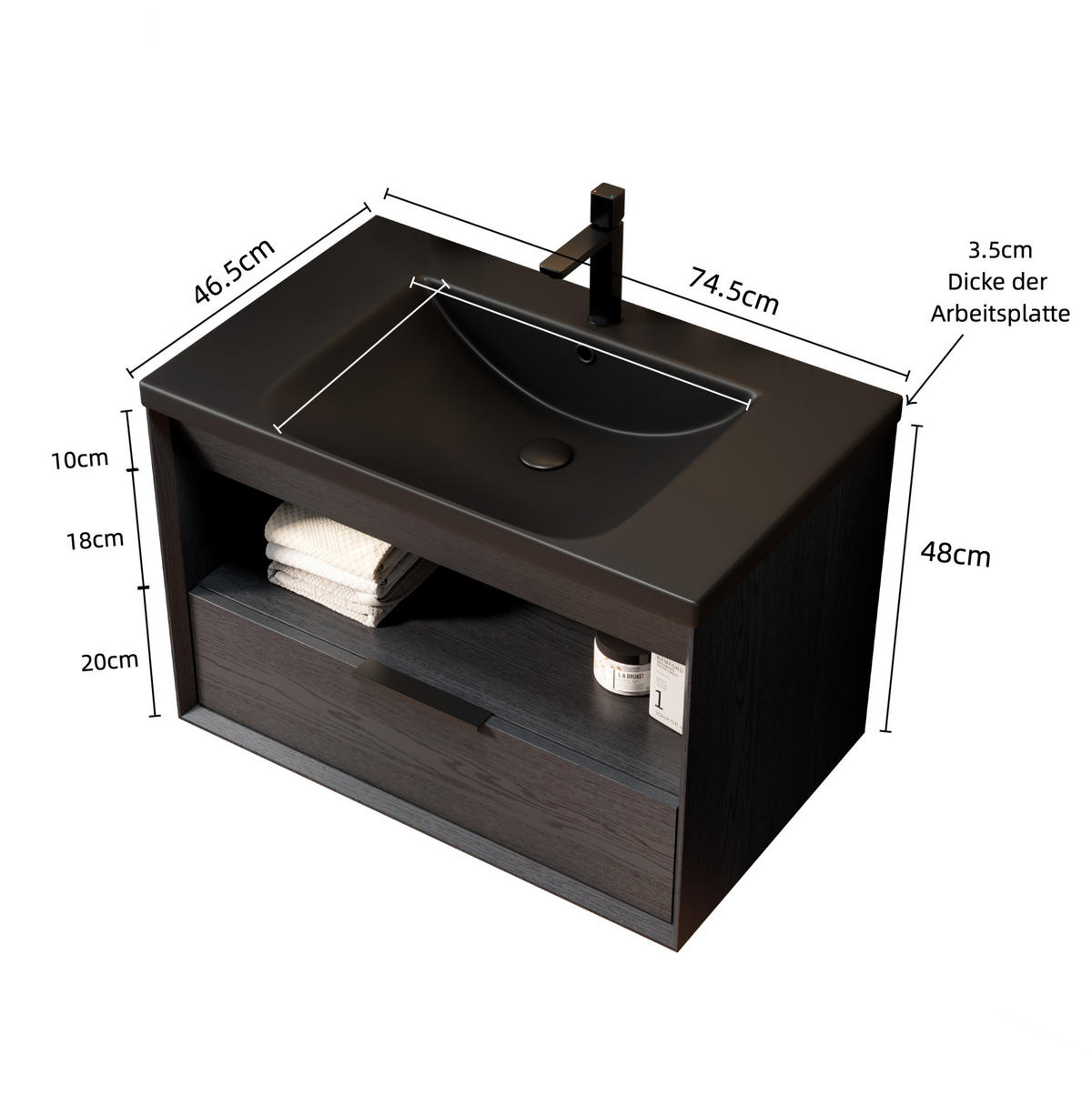 WASCHTISCHUNTERSCHRANK 75 cm Schwarz/Dark Oak - Schwarz, Holzwerkstoff (46.5/51.5/74.5cm) - Beauniv