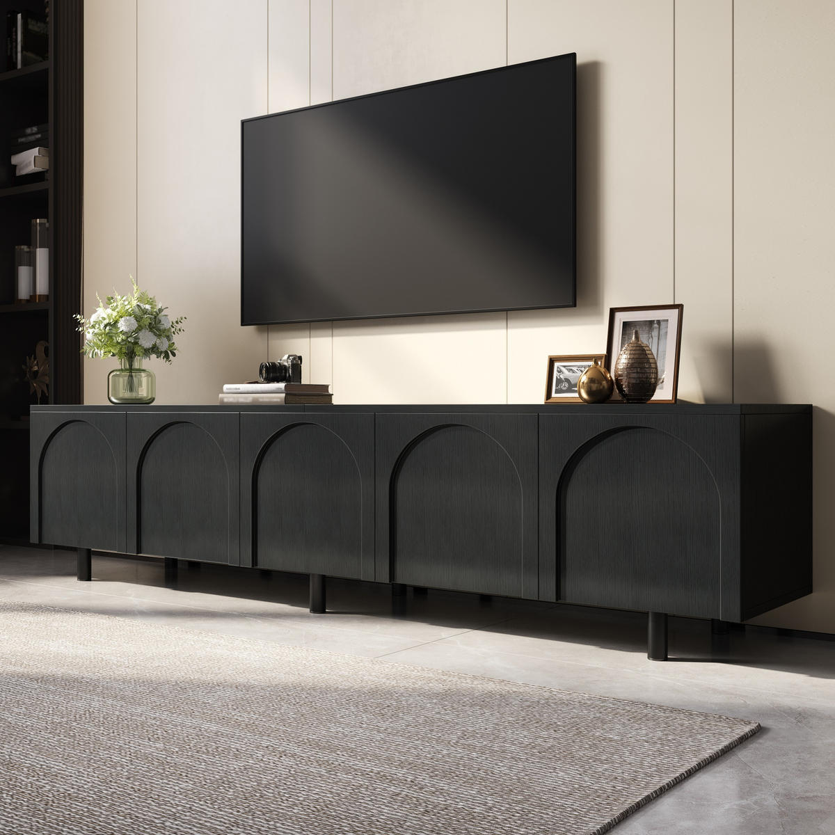TV-SCHRANK Lowboard 5 Türen Metallfüße PB MDF modern - Schwarz, Holzwerkstoff (38/45/180cm) - FLIEKS