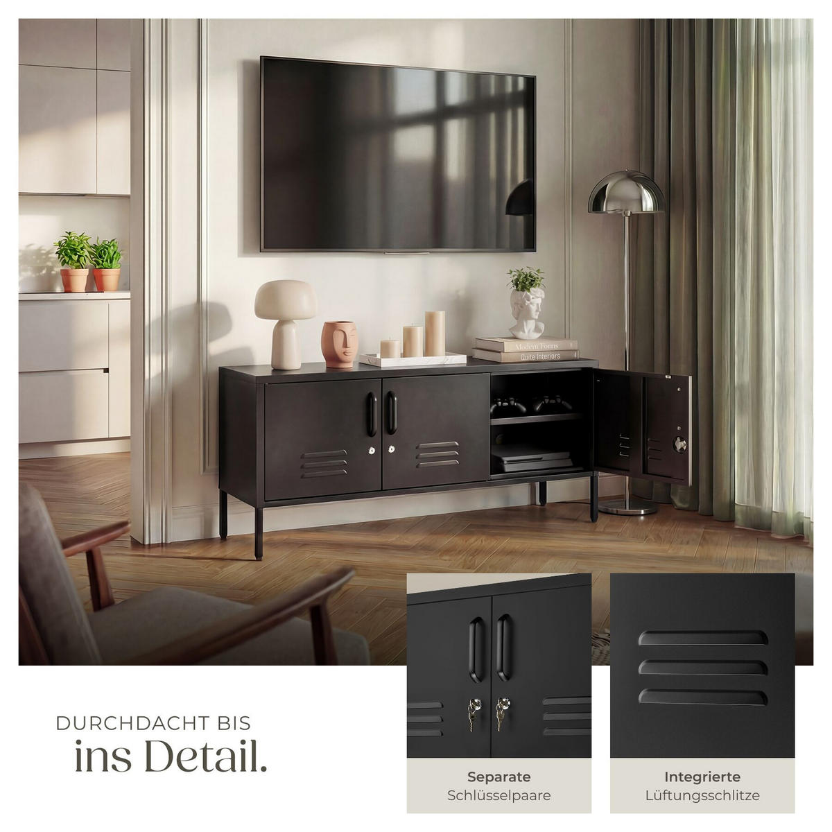 SIDEBOARD Baker, Kippschutz, höhenverstellbare Füße, schwarz - Schwarz, Metall (120/55.5/37.5cm) - tectake