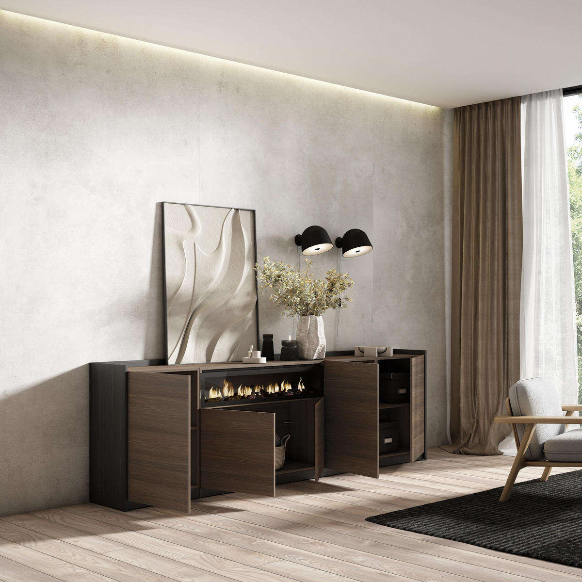 SIDEBOARD, Dunkler Eiche und Schwarz, Elektrokamin, 260/37/80cm - Dunkelbraun, Holzwerkstoff (260/80/37cm) - Skraut Home