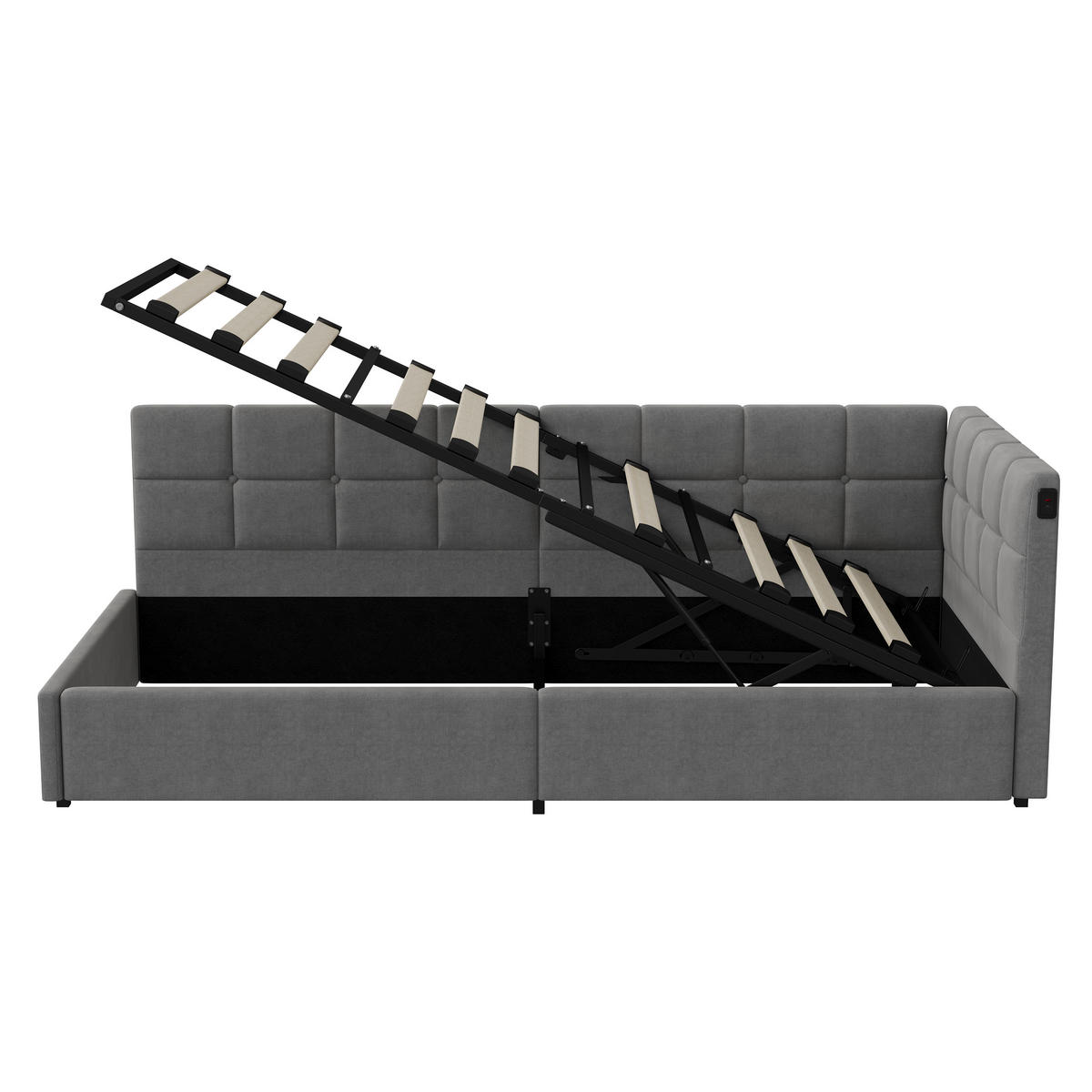 POLSTERBETT 90x200 cm Grau mit hydraulischem Stauraum, LED Beleuchtung, Eckbett mit Rückenlehne - Grau, Metall (90/200cm) - EuroLiving
