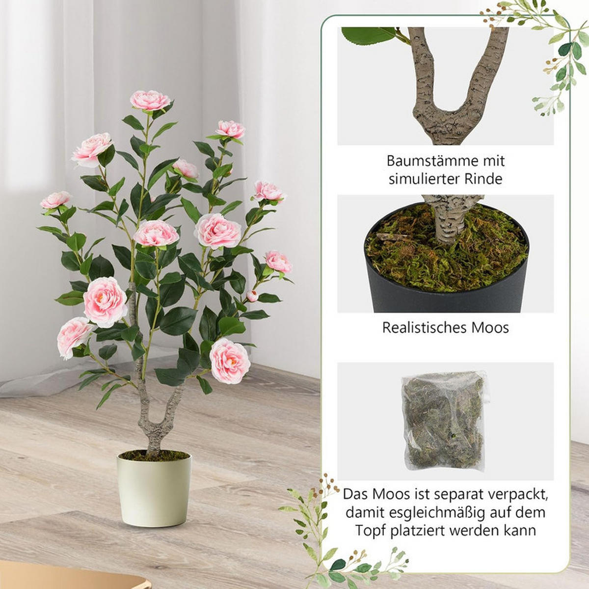 KUNSTBAUM mit Blüten rosa - Pink, Kunststoff (90cm) - COSTWAY