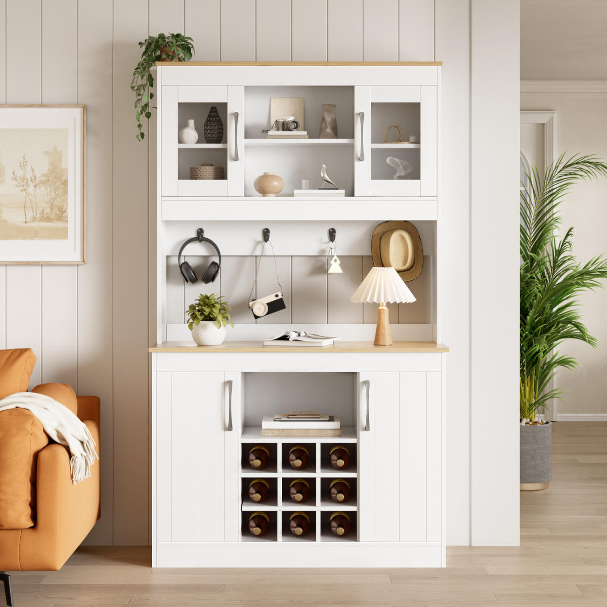 KÜCHENBUFFET 106x39x175 cm, Glastüren, Weinregal, Hakenleiste, Natur/Weiß - Naturfarben, Holzwerkstoff (106/175/39cm) - FOHERE