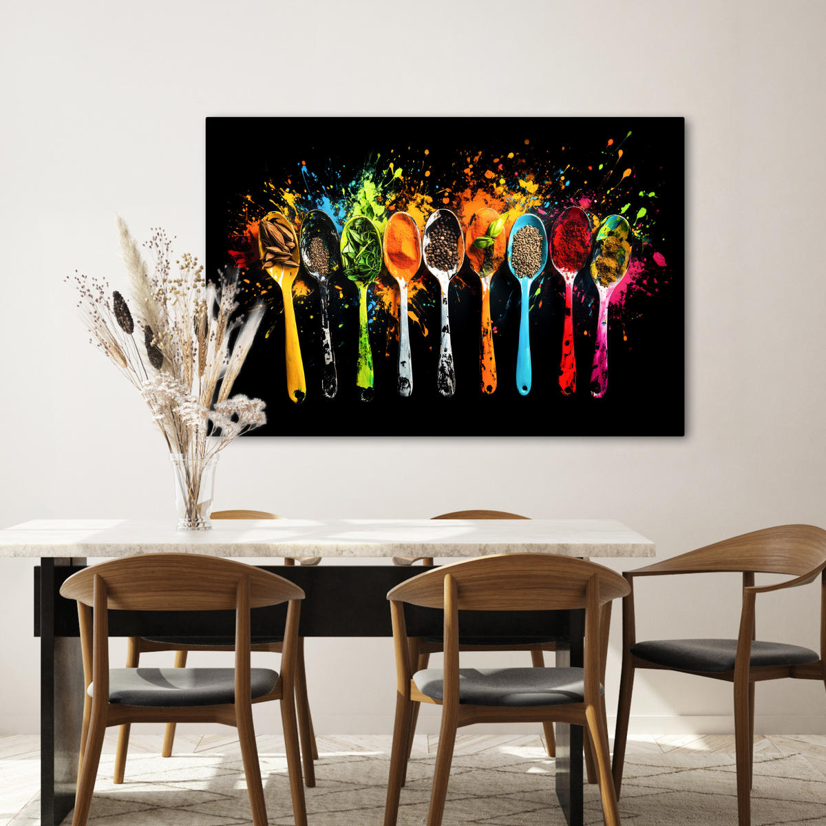 LEINWANDBILD Löffel - Gewürze - Modern - Graffiti - Farbe - Farbenfroh Wohnzimmer 120x80 cm - Multicolor, Textil (120/80cm) - MuchoWow