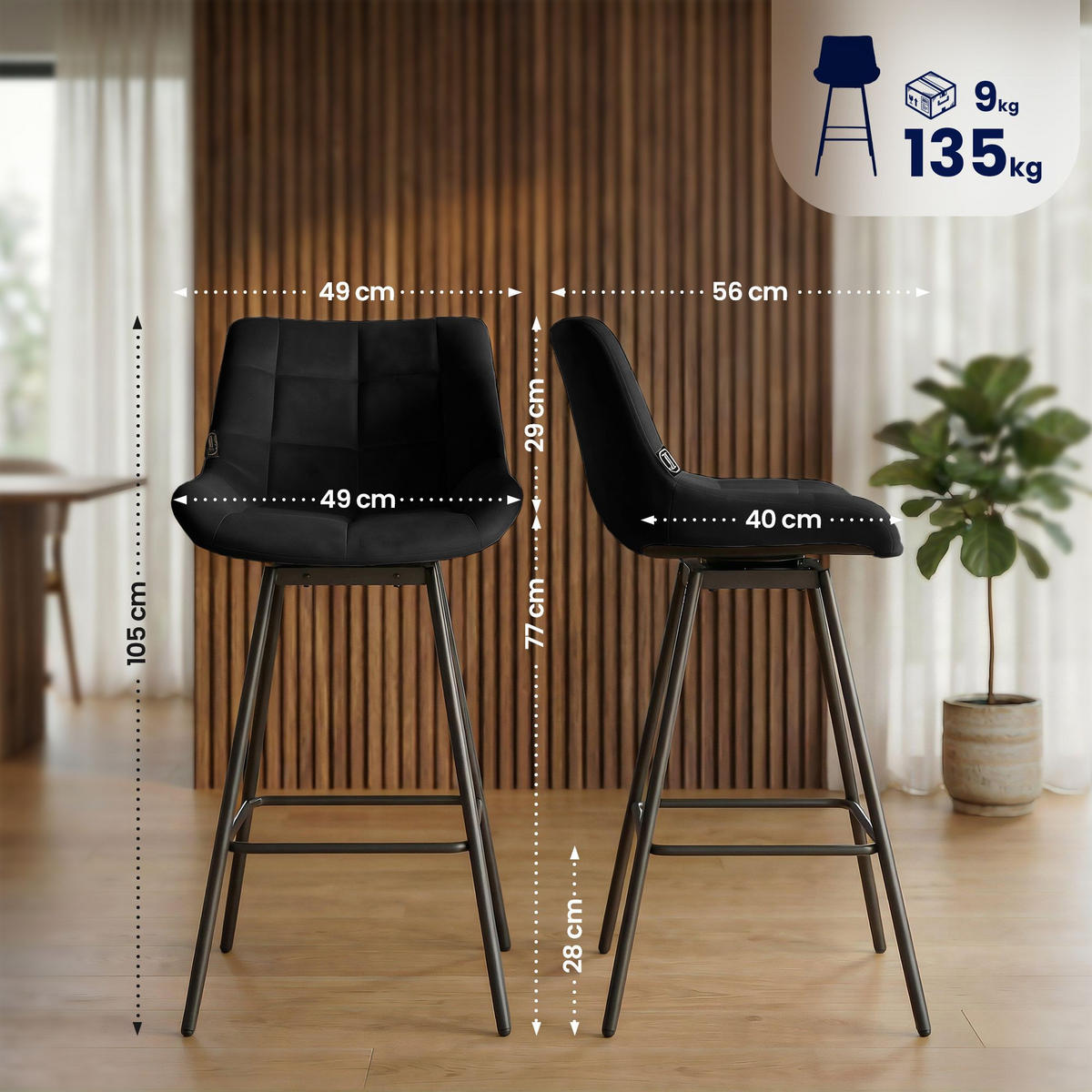 BARHOCKER Samt Schwarz - Schwarz, Textil/Metall (49/105/56cm) - CLP