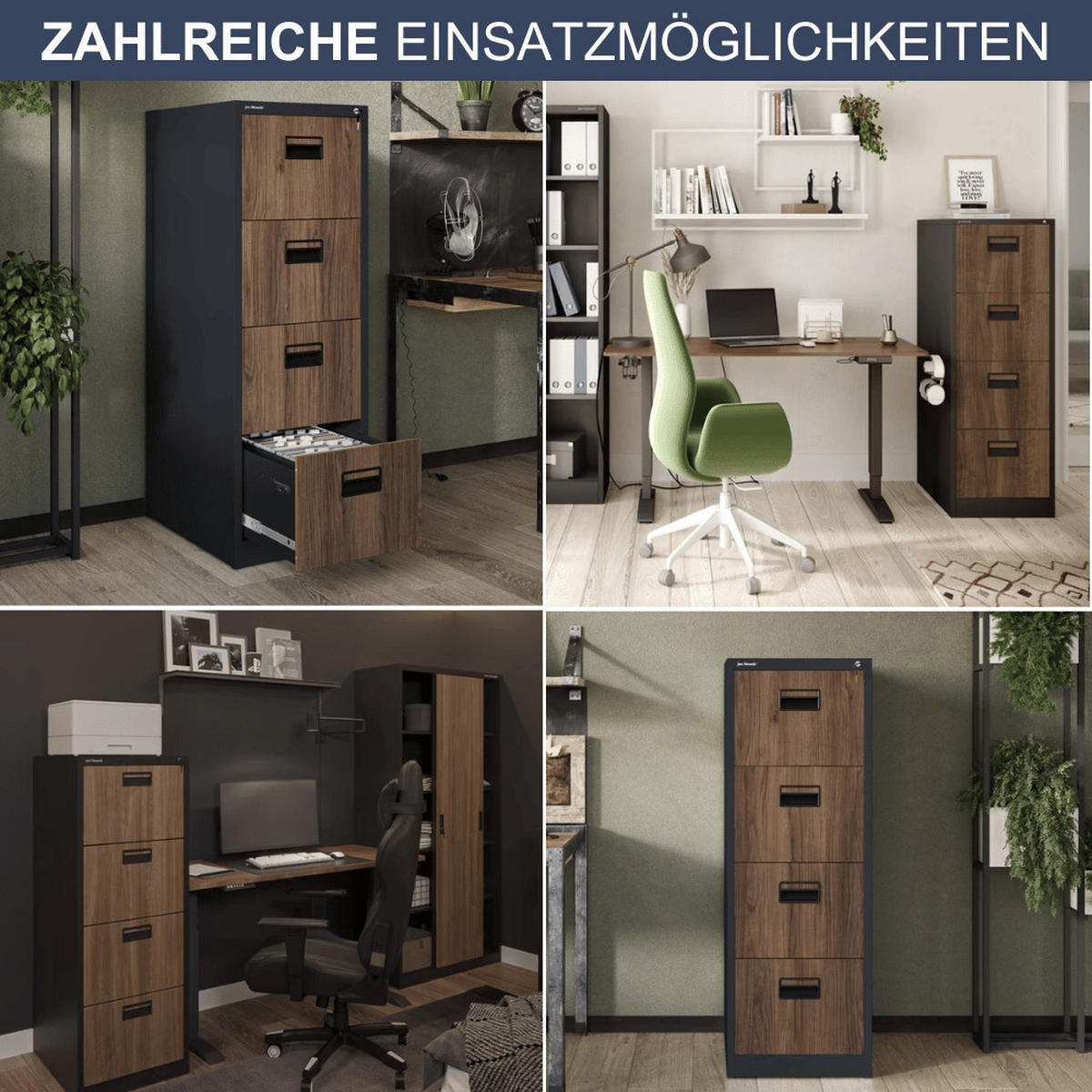 HÄNGEREGISTERSCHRANK abschließbar TION 4 Schubladen 132x46x62cm Anthrazit-Nussbaum - Anthrazit, Metall (46/132/62cm) - DELUKE