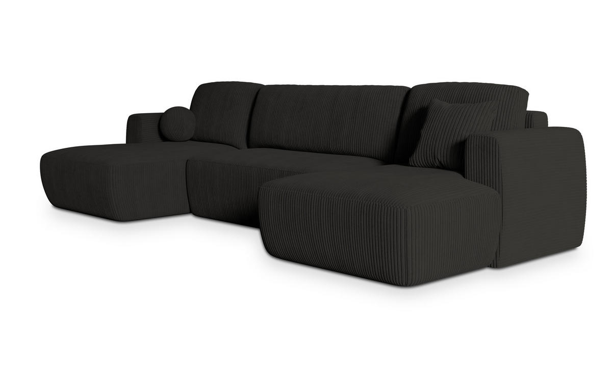 WOHNLANDSCHAFT SENTUM P Schwarz Kordstoff mit Schlaffunktion - Schwarz, Holz (330/90/148cm) - MASSENO
