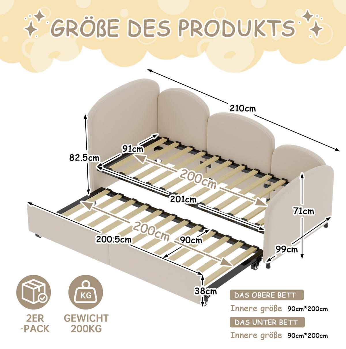 KINDERBETT 90/200 cm aus Metall und Samt mit Blumenform und Schublade Beige - Beige, Textil (90/200cm) - Modenvie