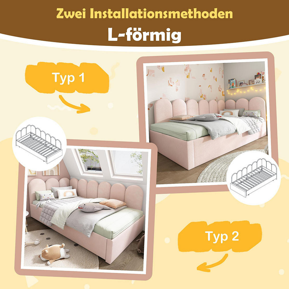 KINDERBETT 90x200 cm mit Ausziehbett，Rosa（ohne Matratze） - Pink, Textil/Metall (90/200cm) - KOMHTOM