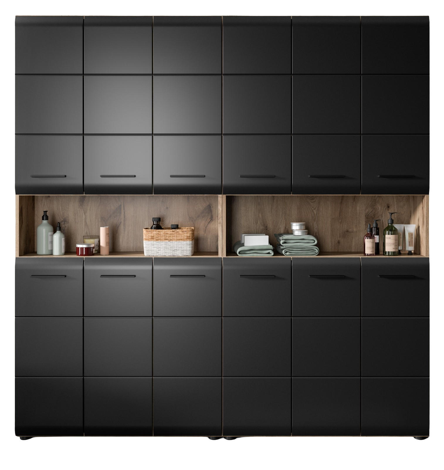 HOCHSCHRANK Badschrank Set Schwarz matt, Eiche 2x Mehrzweckschrank, 12-türig gesamt 180 x 185 cm - Eichefarben/Schwarz, Holzwerkstoff/Kunststoff (180/185/30cm) - Inn.Furn