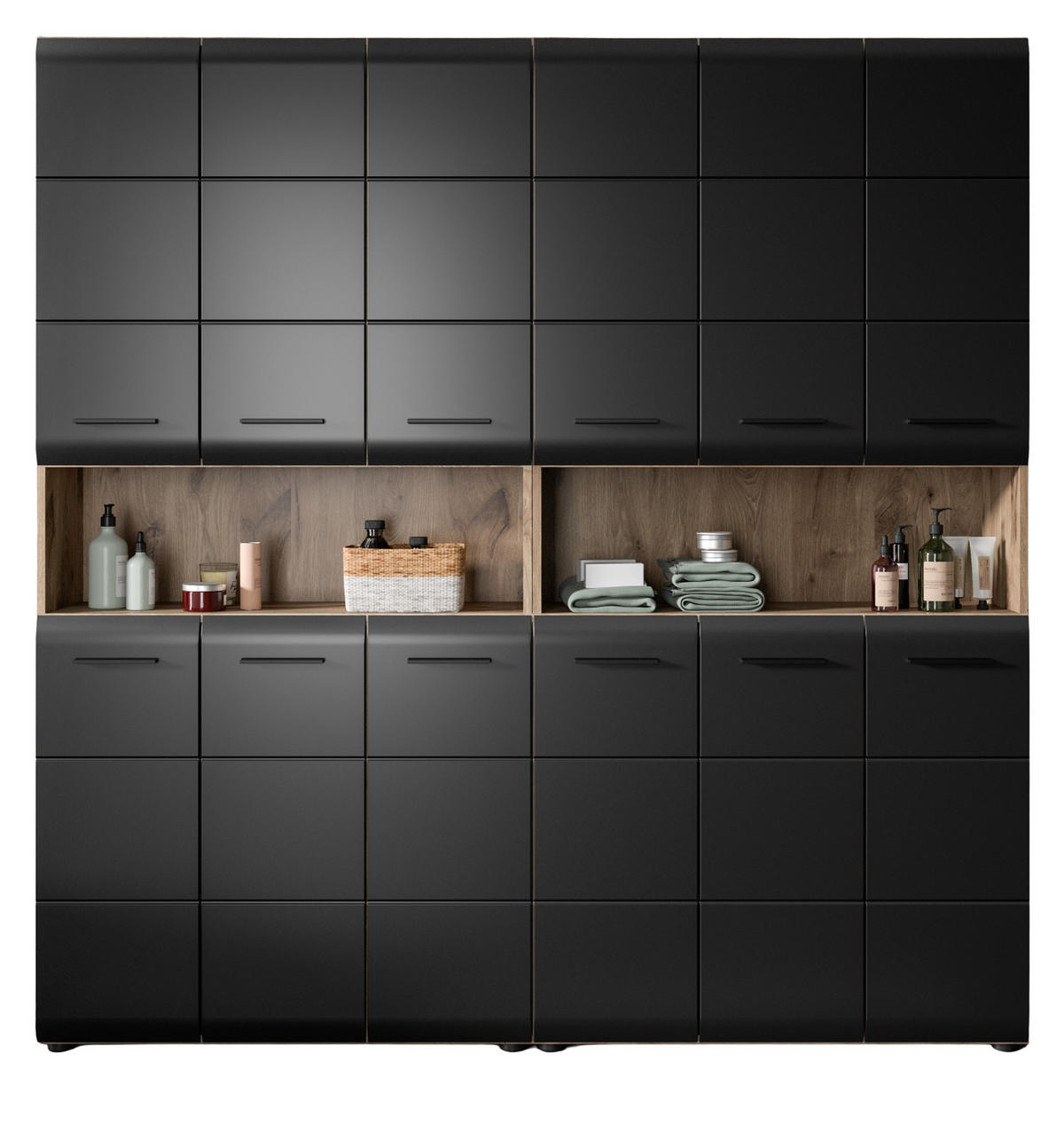 HOCHSCHRANK Badschrank Set Schwarz matt, Eiche 2x Mehrzweckschrank, 12-türig gesamt 180 x 185 cm - Eichefarben/Schwarz, Holzwerkstoff/Kunststoff (180/185/30cm) - Inn.Furn