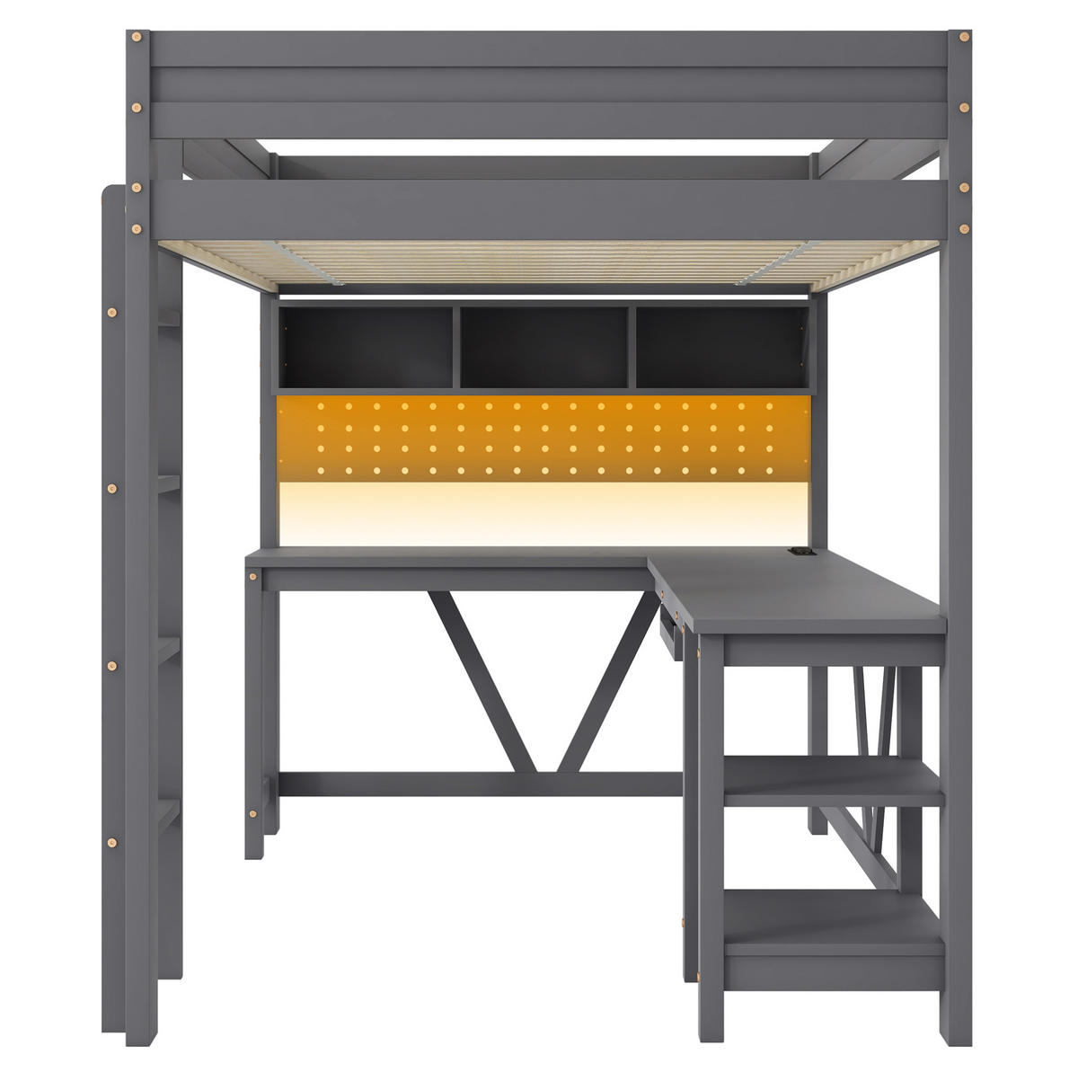 HOCHBETT aus Kiefer und MDF 90x200 cm Grau mit Schreibtisch, LED-Beleuchtung, Stauraum und Ladestation - Grau, Holzwerkstoff (90/200cm) - Modfu
