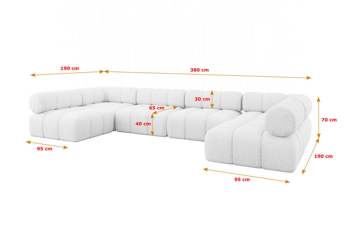 WOHNLANDSCHAFT modulares Sofa Garvo-U2 - 380x190x70 cm Weiß Bouclé - Weiß, Holzwerkstoff/Textil (380/70/190cm) - ALTDECOR