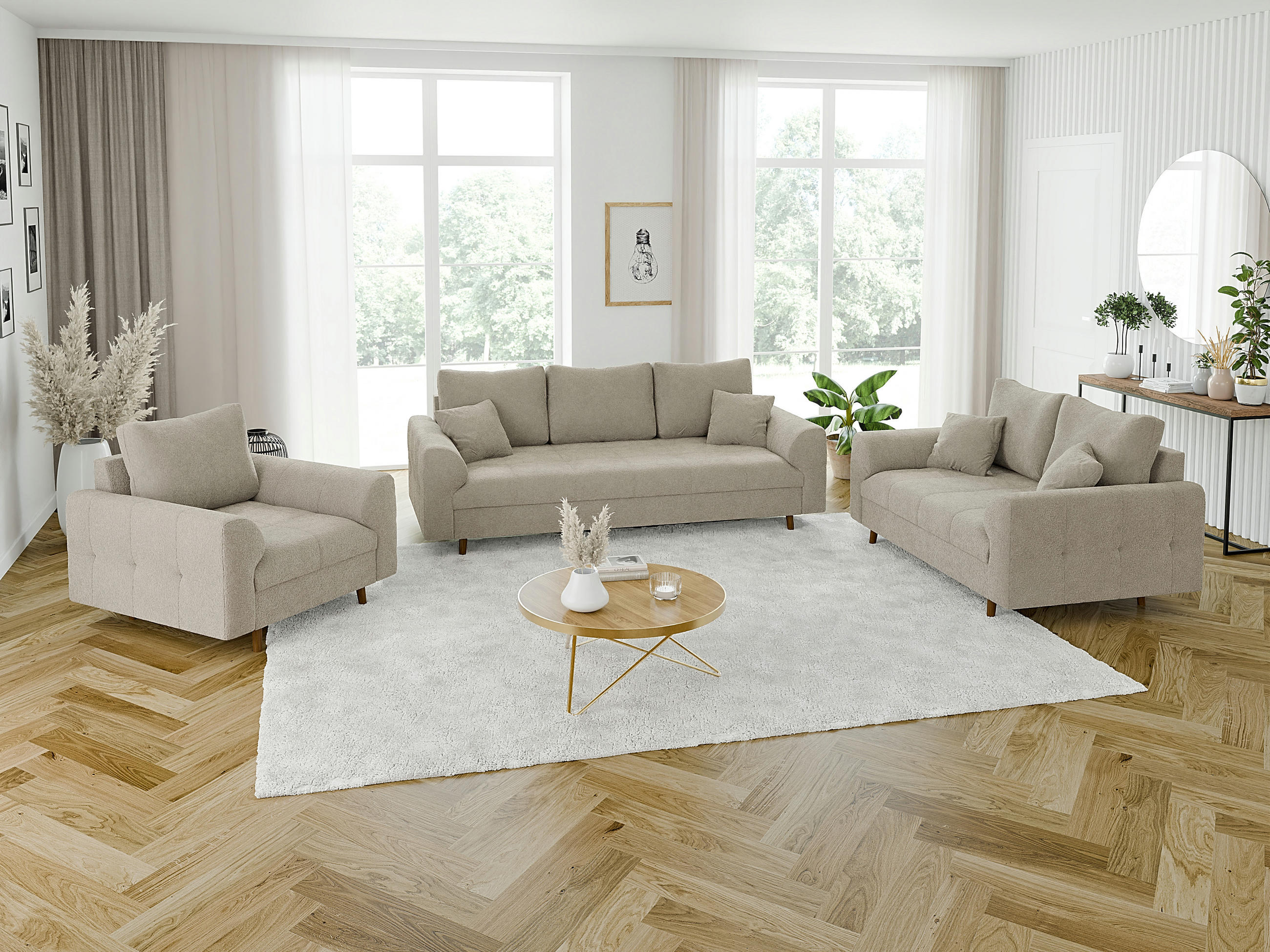 SITZGARNITUR 3+2+1 Henrik Beige Boucle - Beige/Schwarz, Holz/Textil (210/81/93cm) - S-Style Möbel