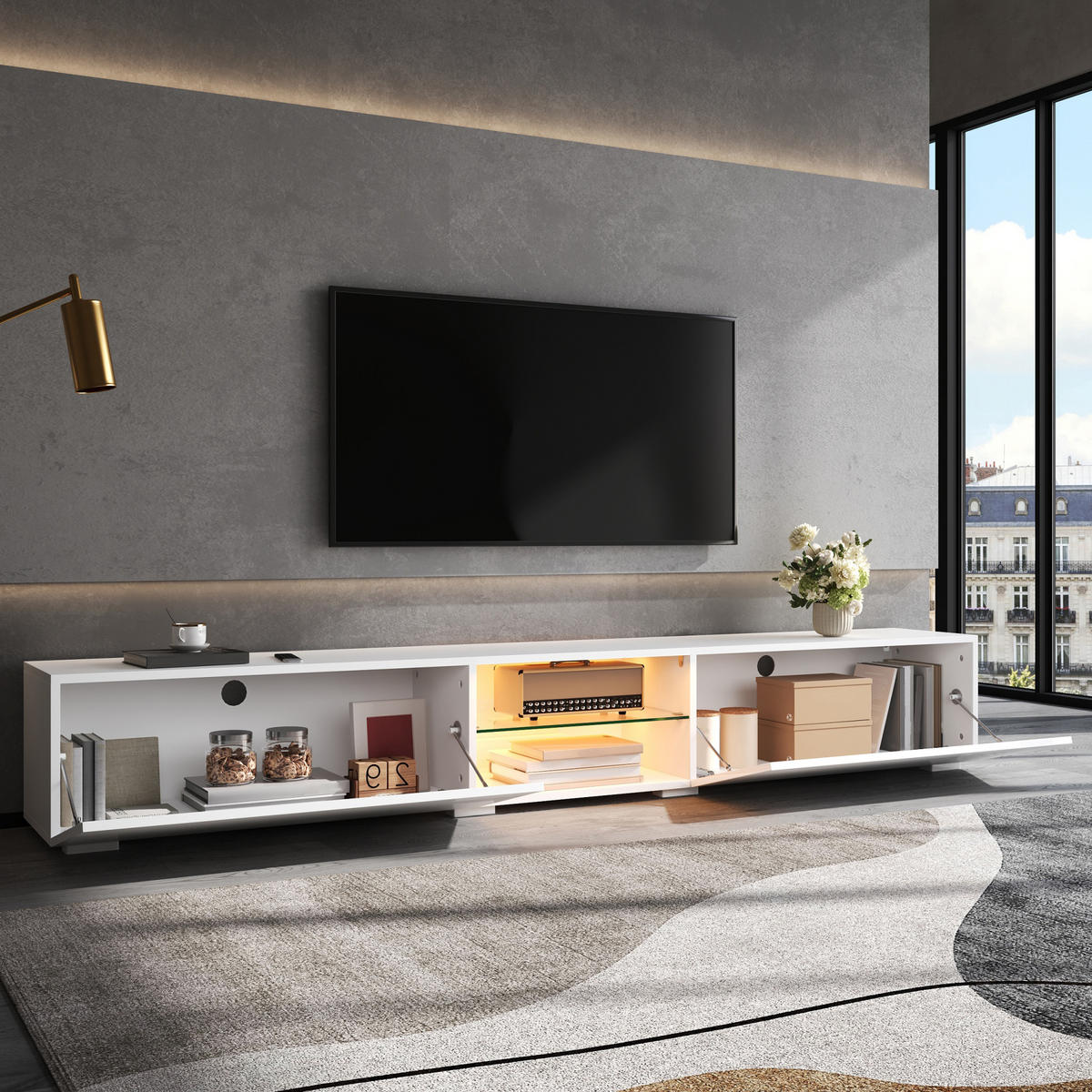 TV-SCHRANK 200/30/30 cm Weiß mit LED-Beleuchtung und 2 Türen - Weiß, Holzwerkstoff (200/30/30cm) - Oxeza