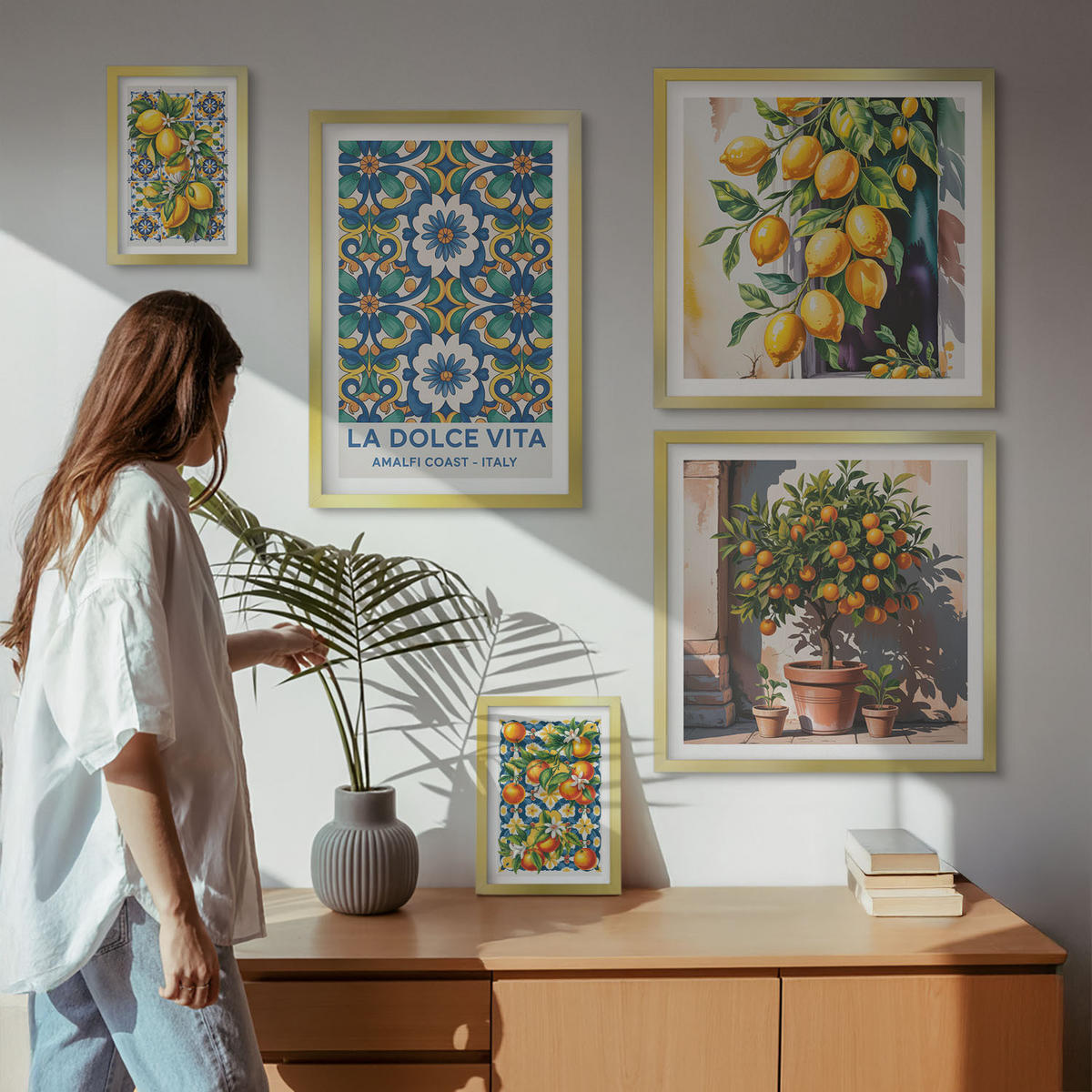 WANDBILDER 5er Set - 50x50 cm & 20x30 cm & 40x60 cm Goldrahmen - Zitronenlimonade blaue Tür - Goldfarben, Kunststoff (40/60cm) - ArtPrintCave