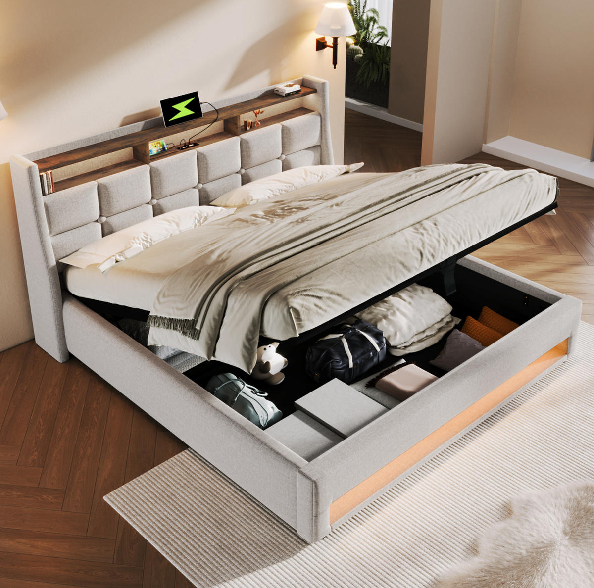 POLSTERBETT mit LED-Beleuchtung 160/200 cm mit Bettkasten, USB und Kopfteil - Beige, Textil (160/200cm) - BEAOK