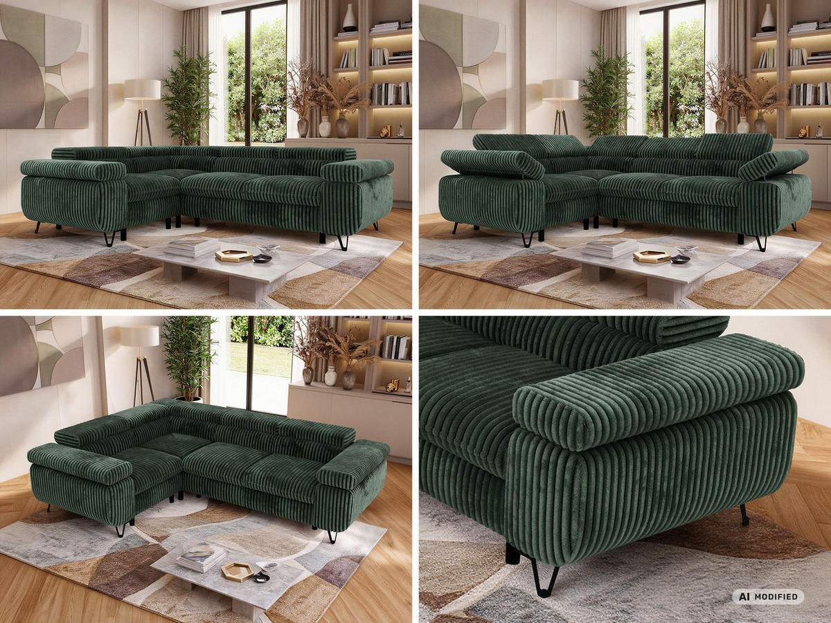 ECKSOFA ORSO L Dunkelgrün Cord - Links Seite - Dunkelgrün/Schwarz, Textil/Metall (197/268cm) - MKS
