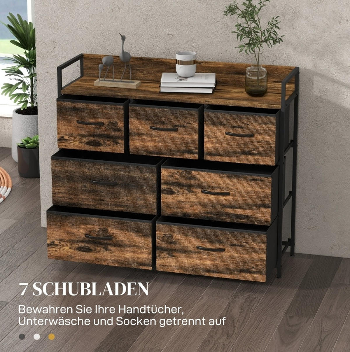 KOMMODE 98/29/85 cm in Braun mit 7 Stoffschubladen und Ablage - Braun, Holzwerkstoff (98/85/29cm) - Flora Grace