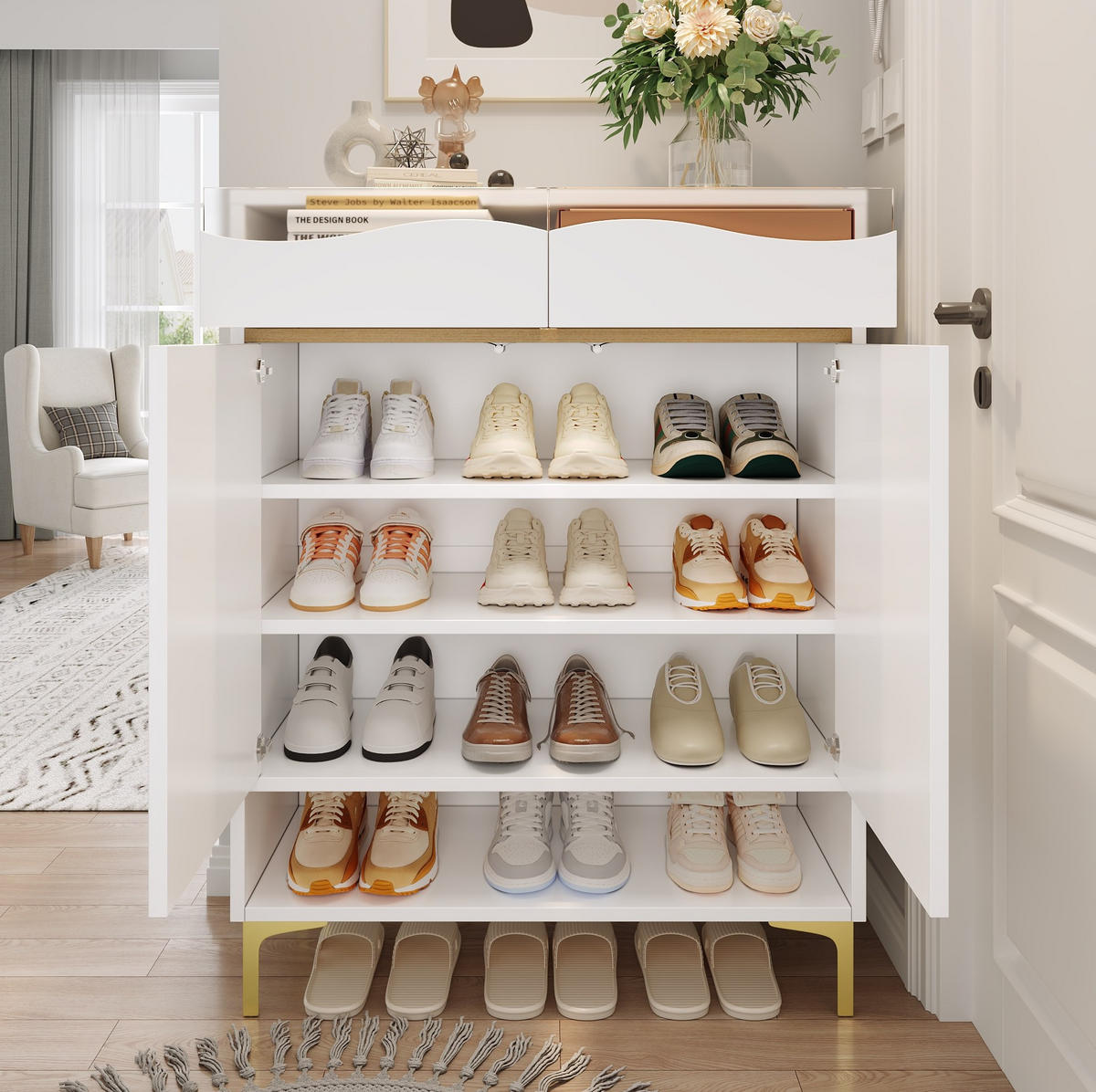 SCHUHSCHRANK 80/35/105 cm in Weiß mit 2 Schubladen, LED-Licht und goldfarbenen Füßen - Weiß, Holzwerkstoff (80/105/35cm) - BEAOK